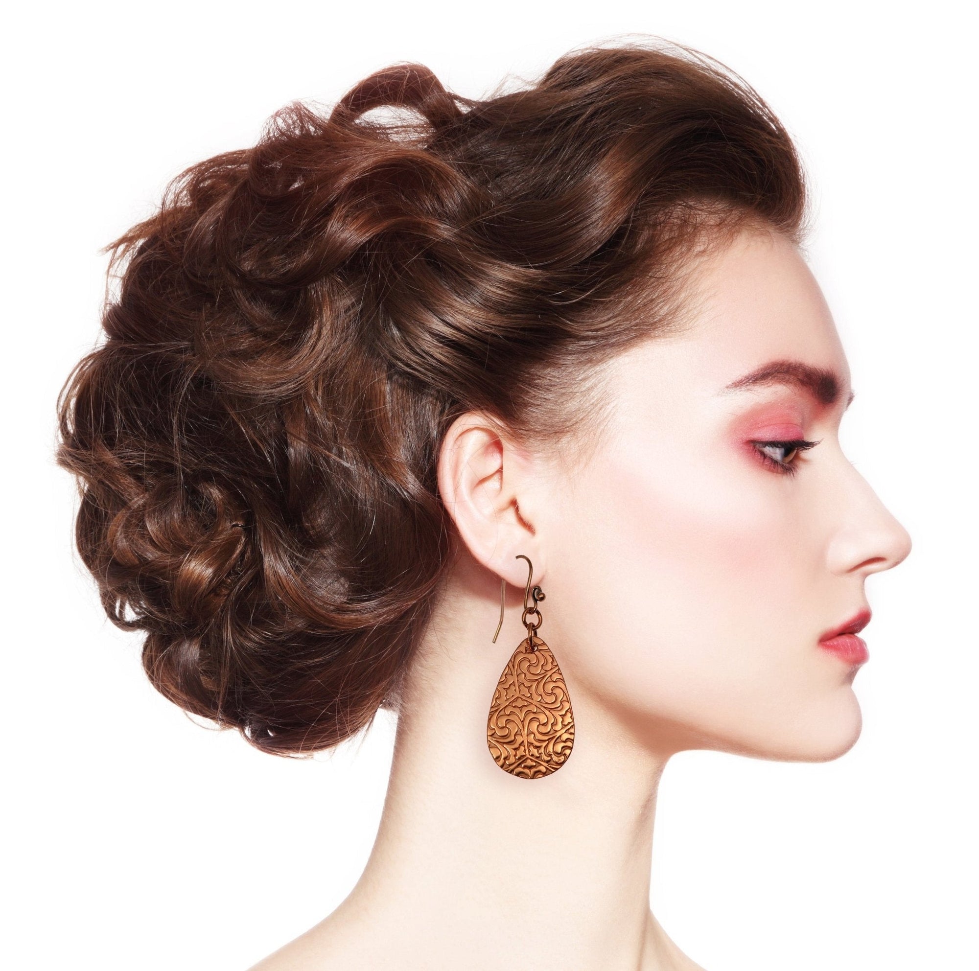 Female Wearing Damask Embossed Copper Teardrop Earrings