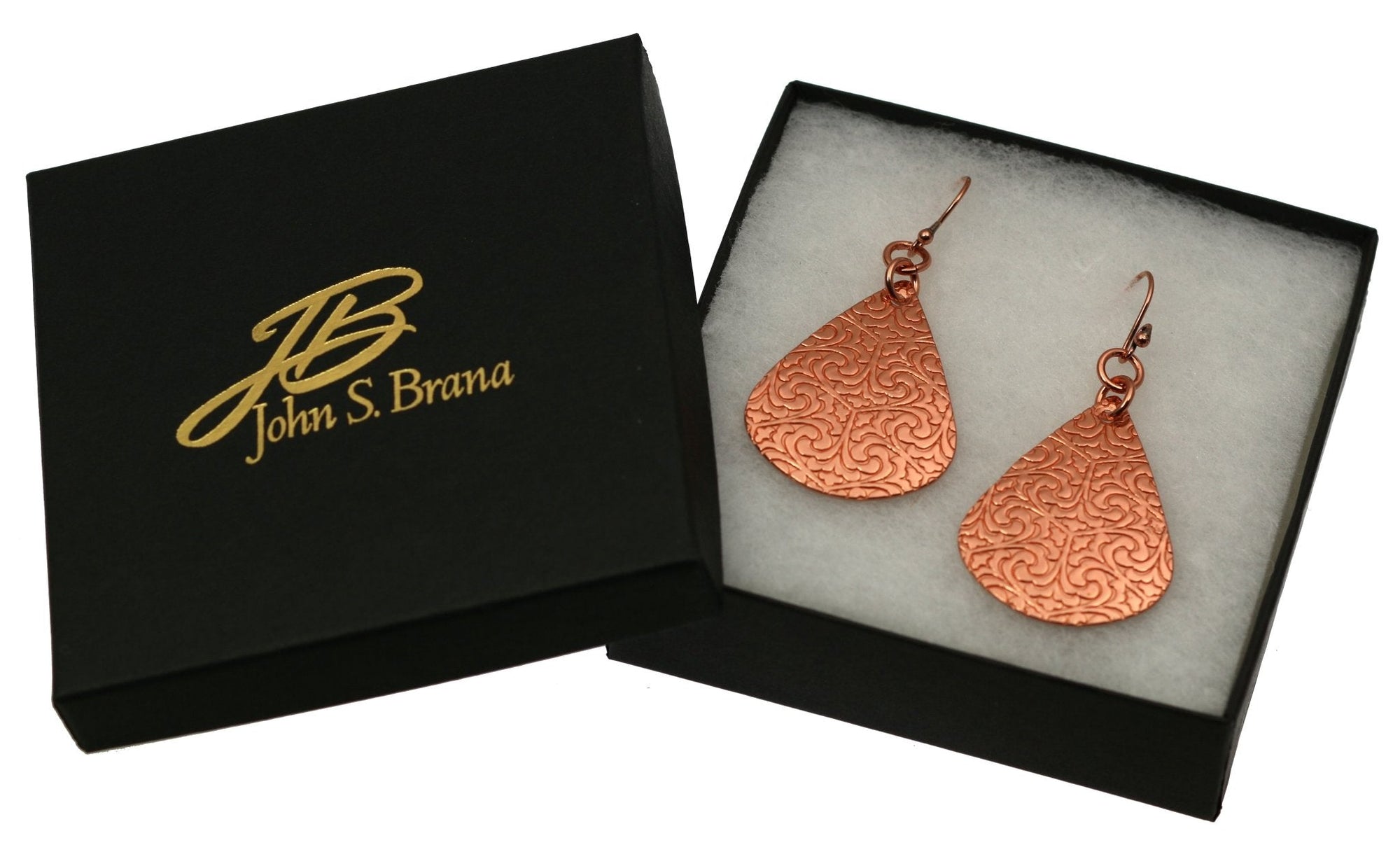 Gift Boxed Damask Embossed Copper Teardrop Earrings