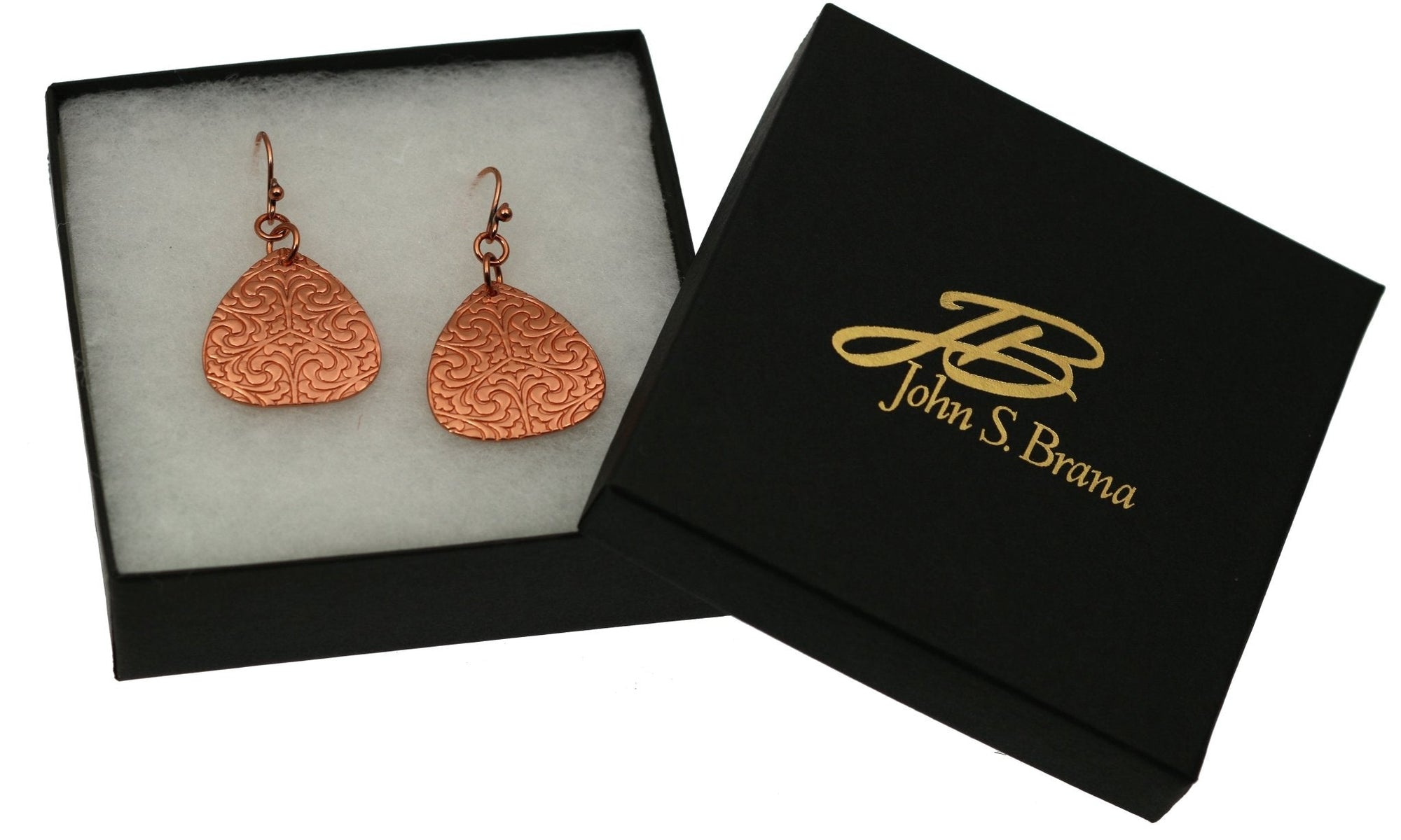 Damask Embossed Copper Triangle Drop Earrings in Gift Box