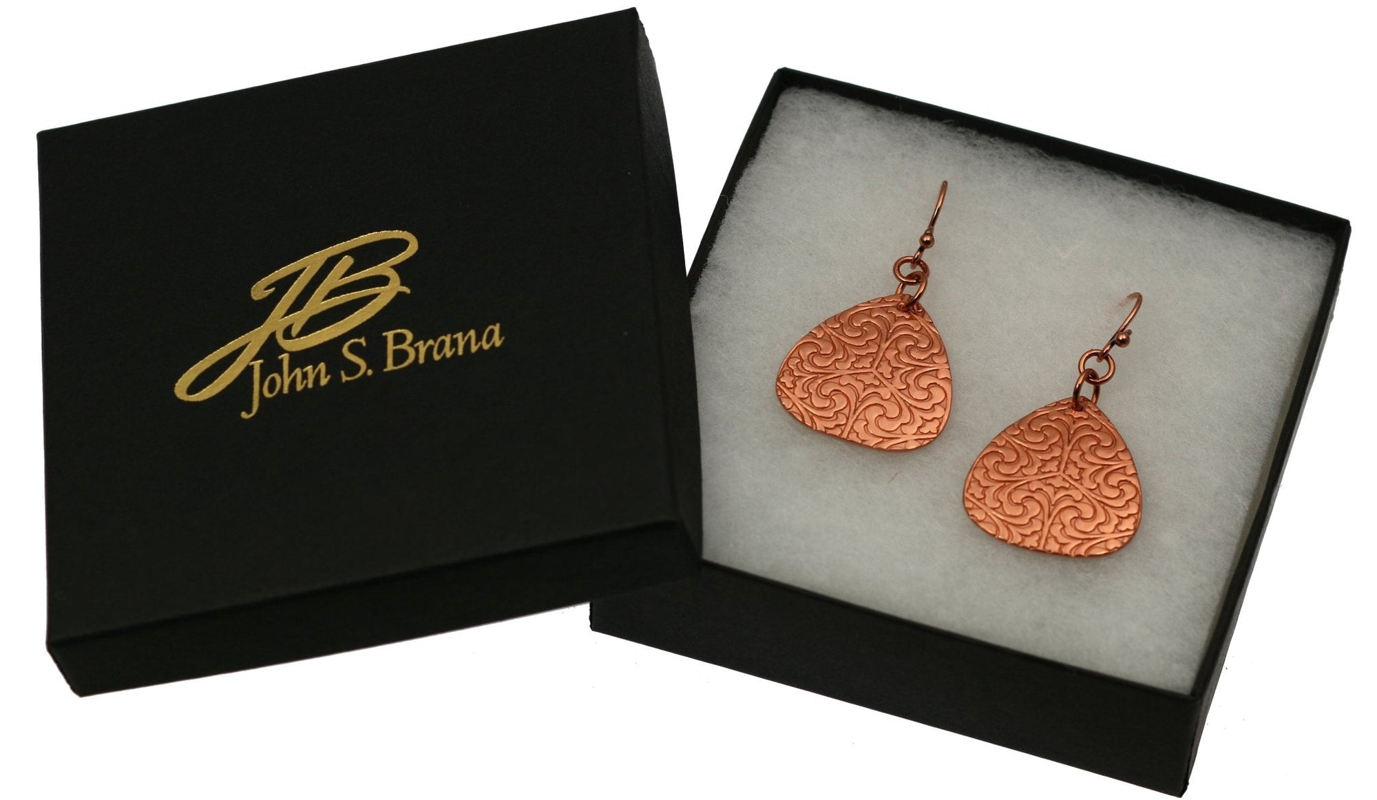 Gift Boxed Damask Embossed Copper Triangle Drop Earrings