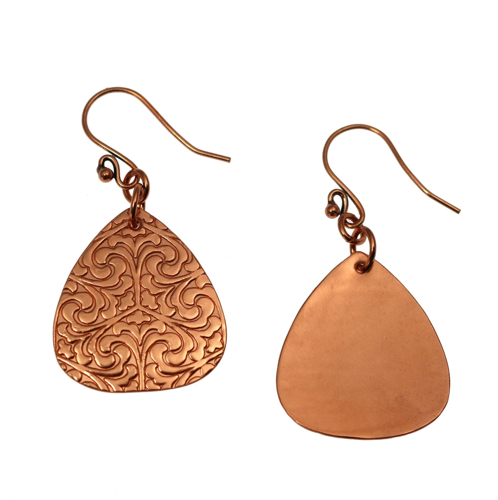 Detail of Damask Embossed Copper Triangle Drop Earrings