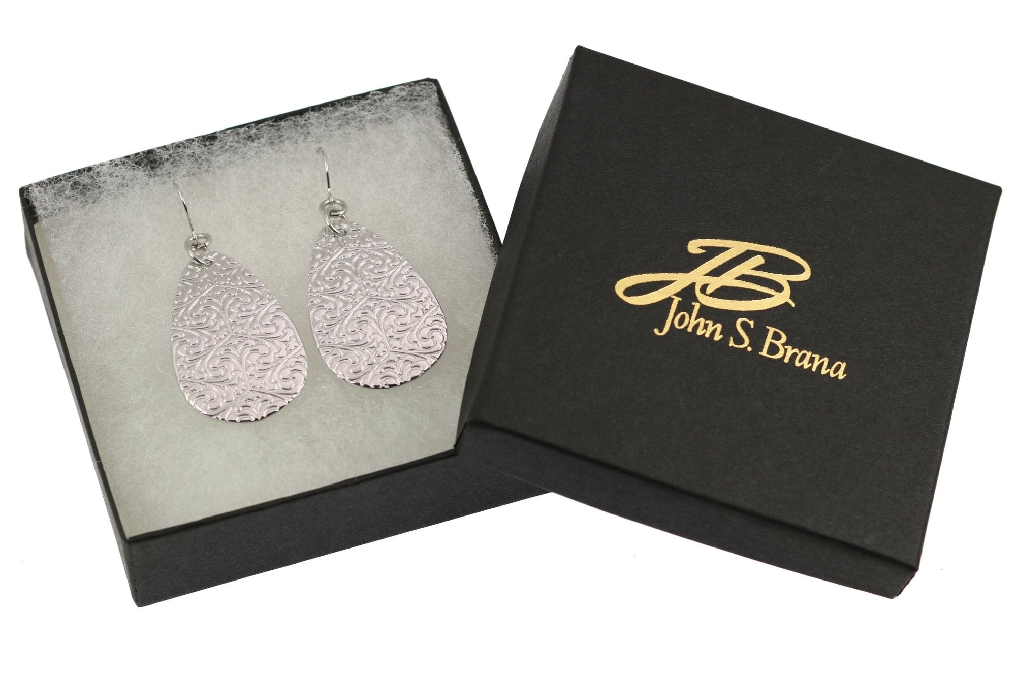 Damask Embossed Large Aluminum Teardrop Earrings in Gift Box