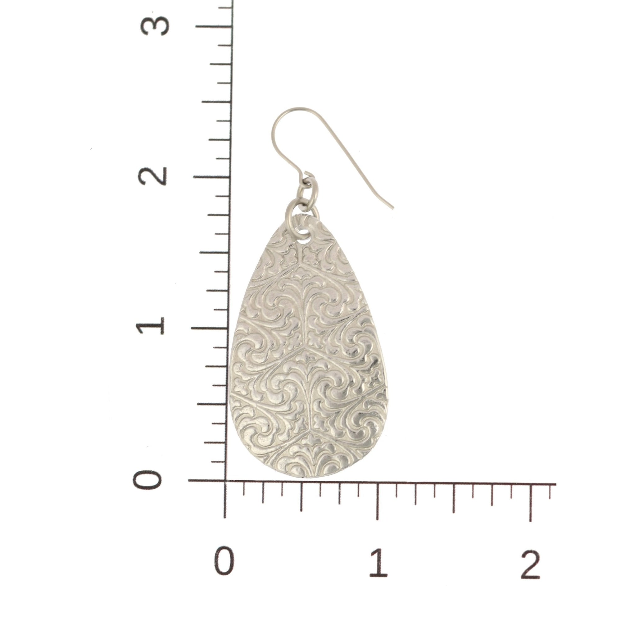 Scale of Damask Embossed Large Aluminum Teardrop Earrings on a Ruler for Size Dimensions