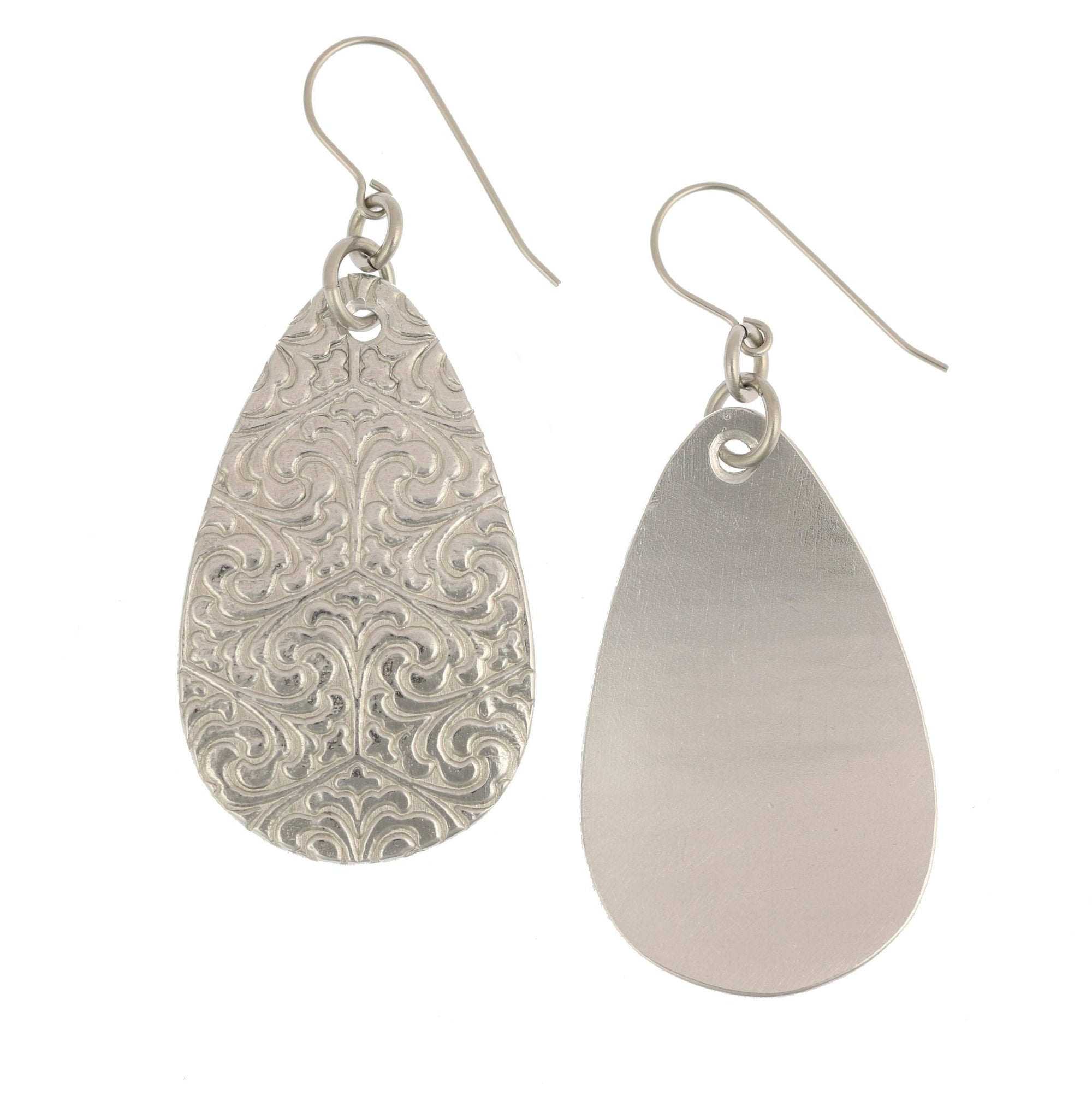 Front and Back Views of Damask Embossed Large Aluminum Teardrop Earrings