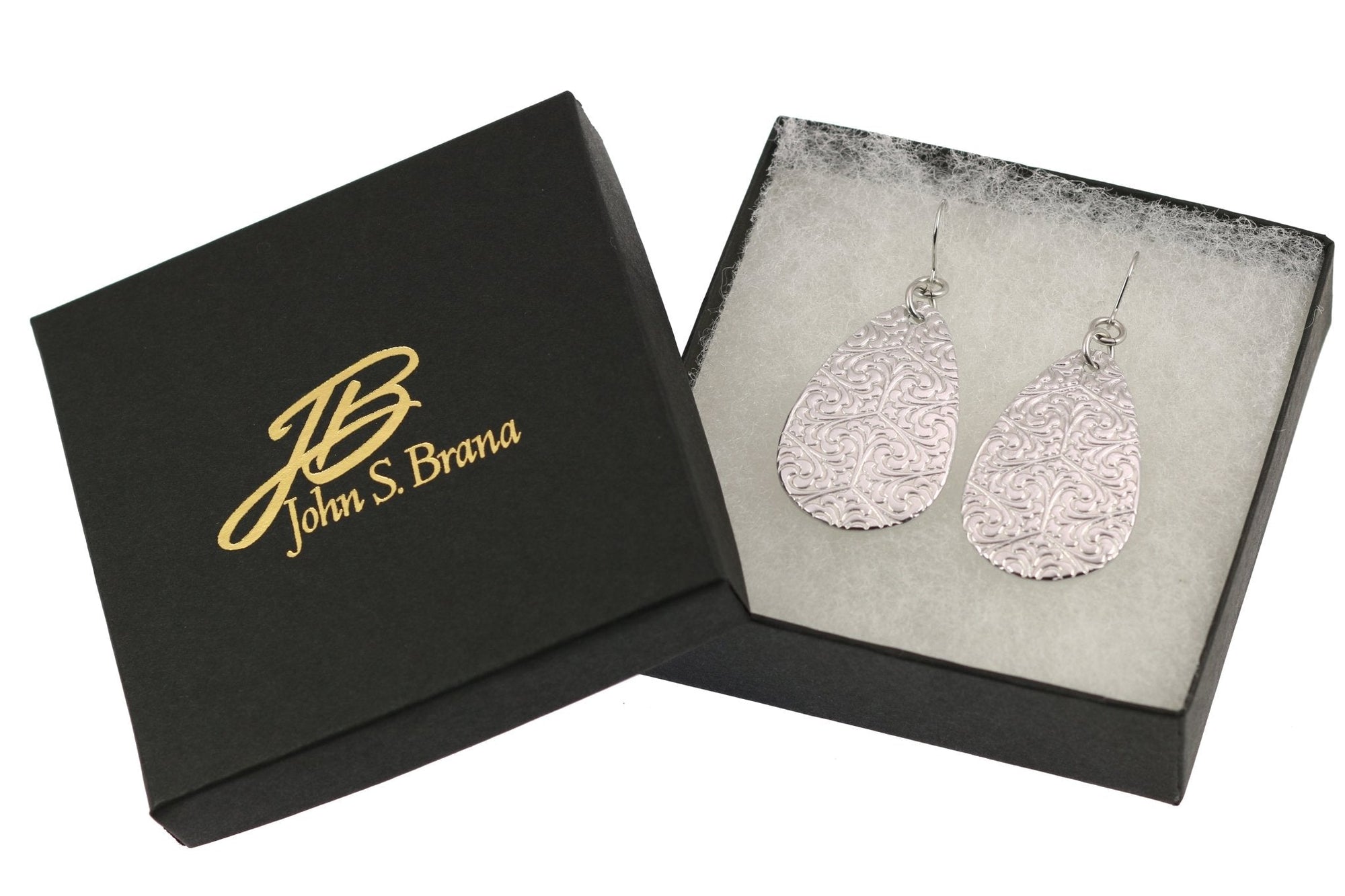 Gift Boxed Damask Embossed Large Aluminum Teardrop Earrings