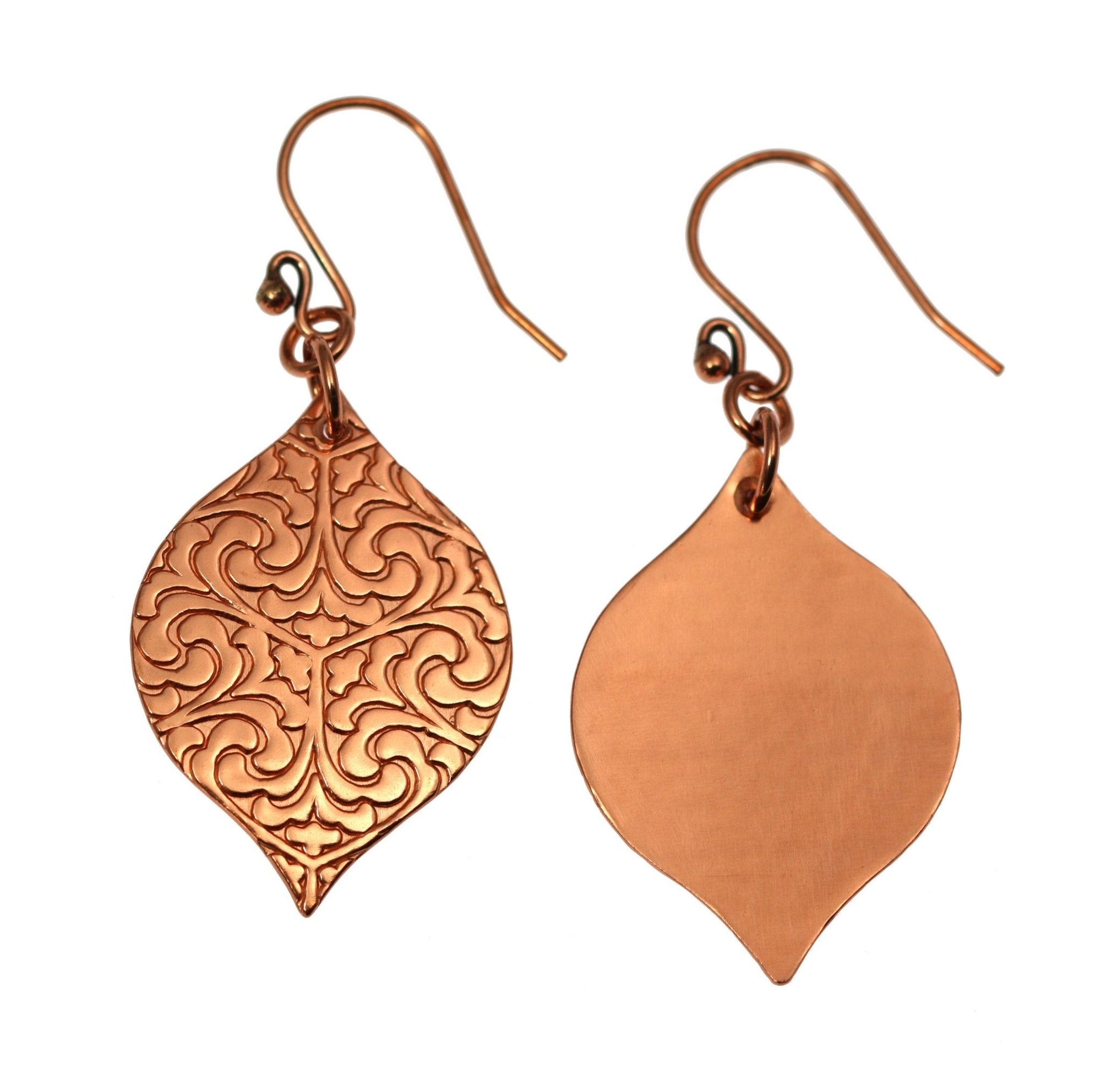 Front and Back Views of  Damask Embossed Marrakesh Copper Drop Earrings