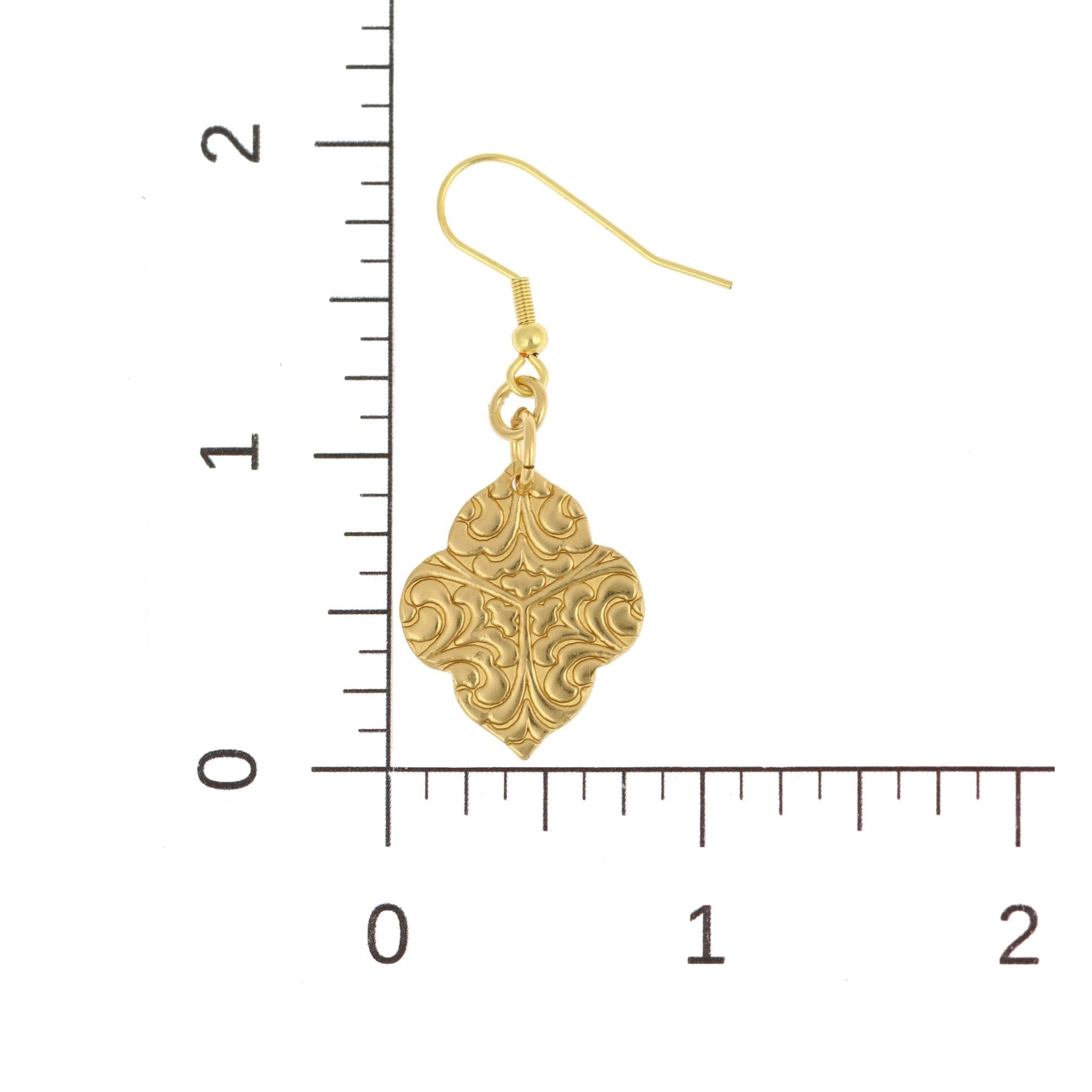 Scale of Damask Embossed Nu Gold Quatrefoil Dangle Earrings on a Ruler for Size Dimensions