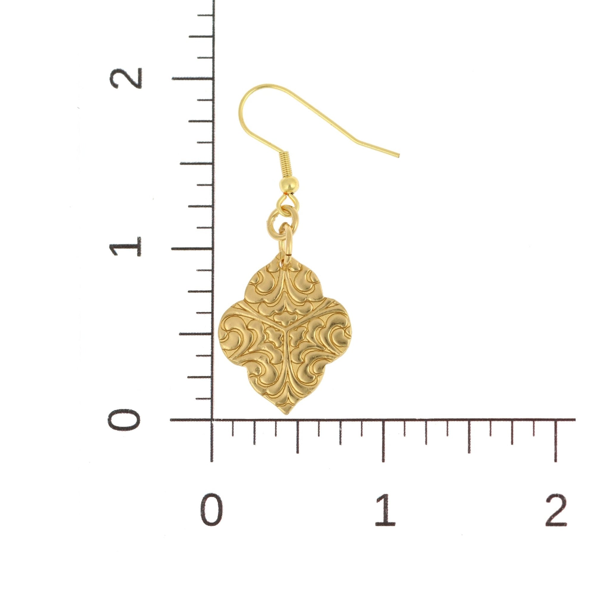 Scale of Damask Embossed Nu Gold Quatrefoil Dangle Earrings