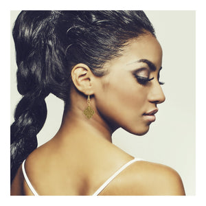5 of 7: Female Wearing Damask Nu Gold Quatrefoil Dangle Earrings