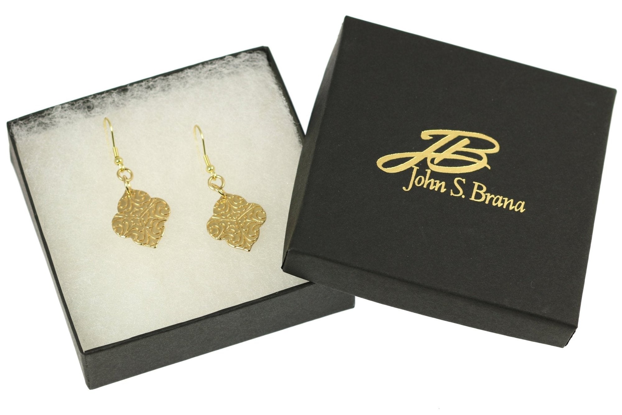 Damask Embossed Nu Gold Quatrefoil Drop Earrings in Gift Box