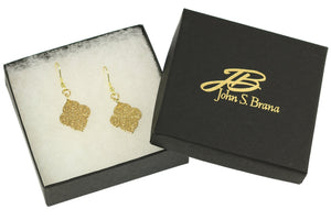 6 of 7: Damask Embossed Nu Gold Quatrefoil Drop Earrings in Gift Box