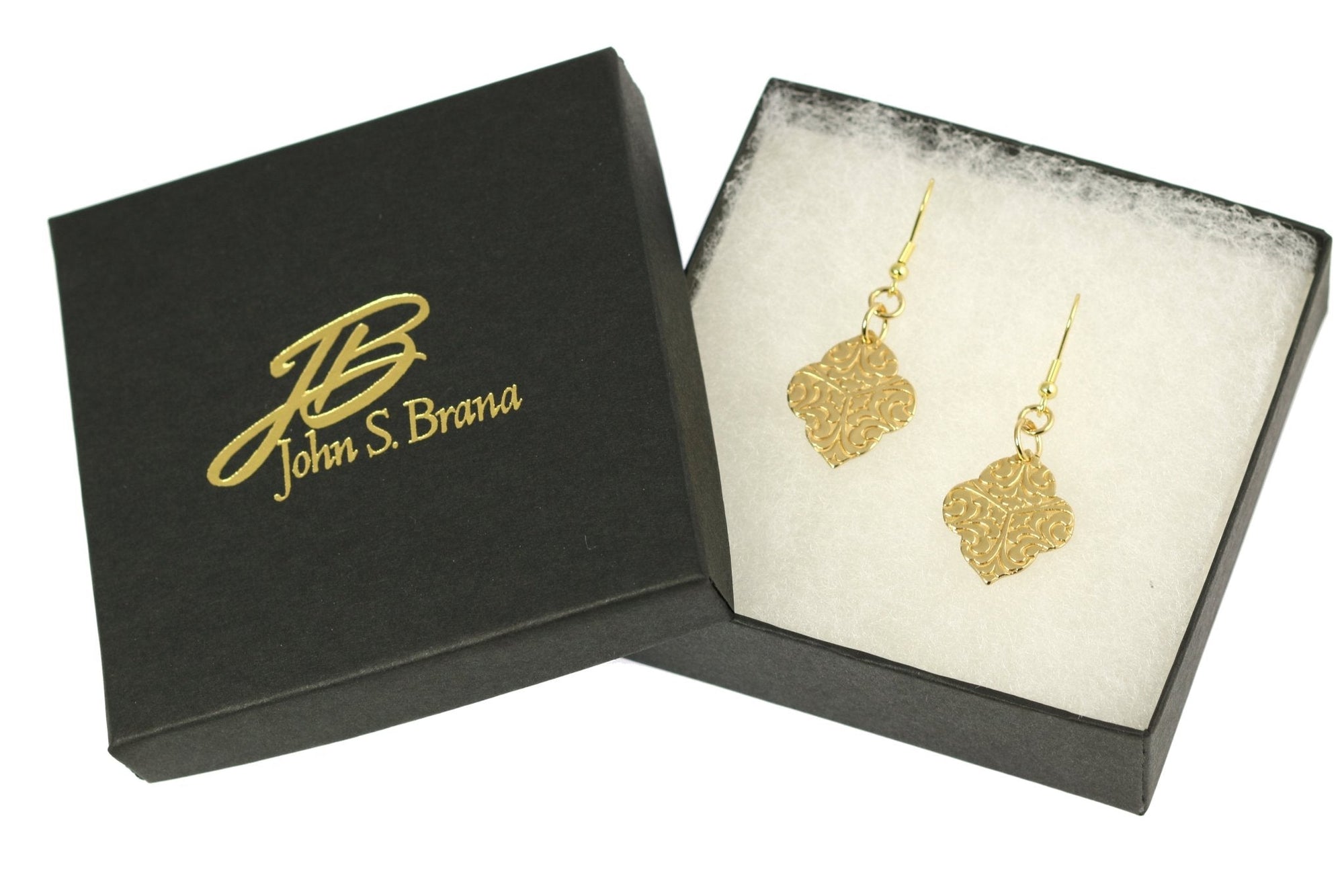 Gift Boxed Damask Embossed Nu Gold Quatrefoil Drop Earrings