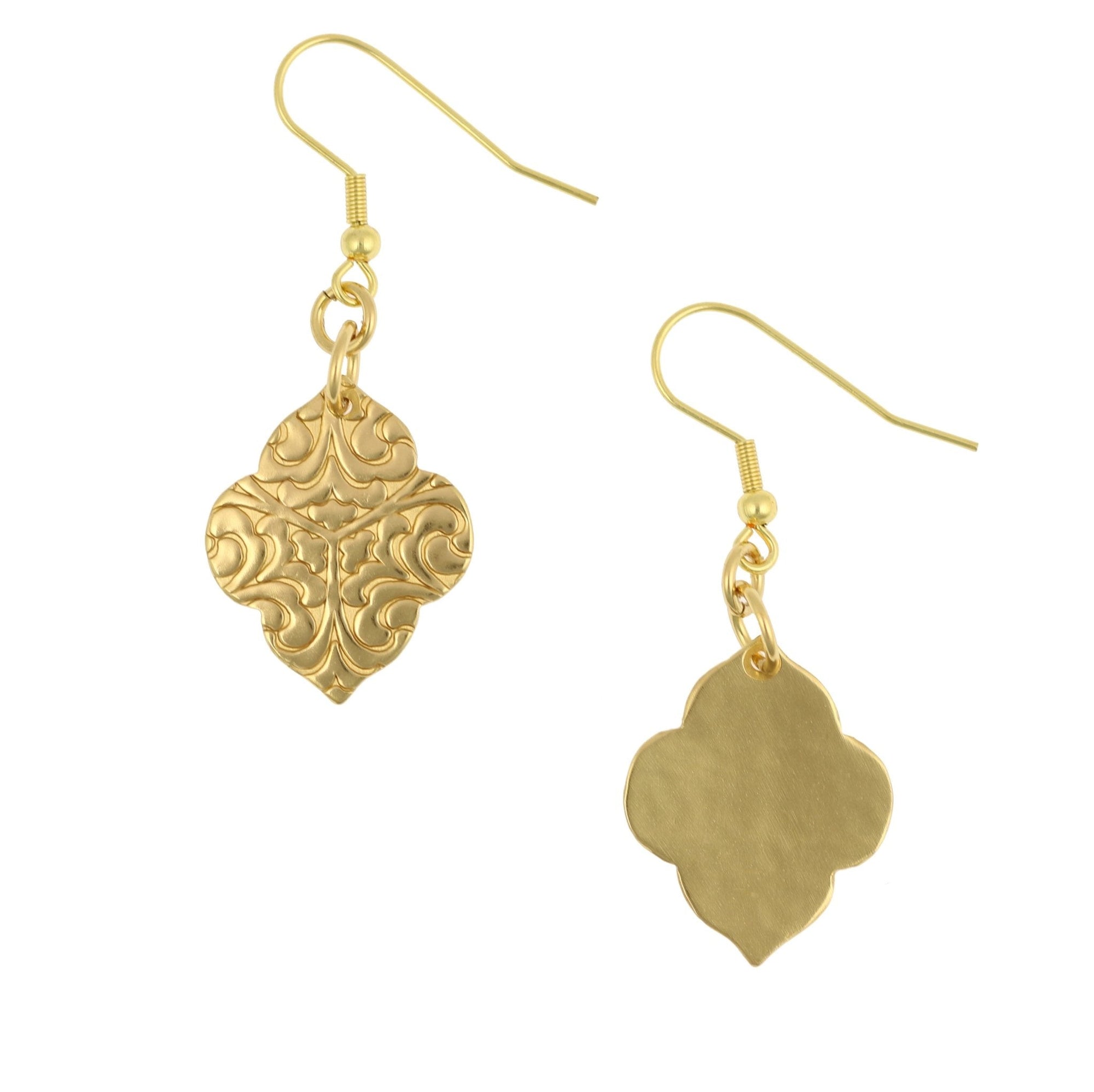 Front and Back Views of Damask Embossed Nu Gold Quatrefoil Dangle Earrings