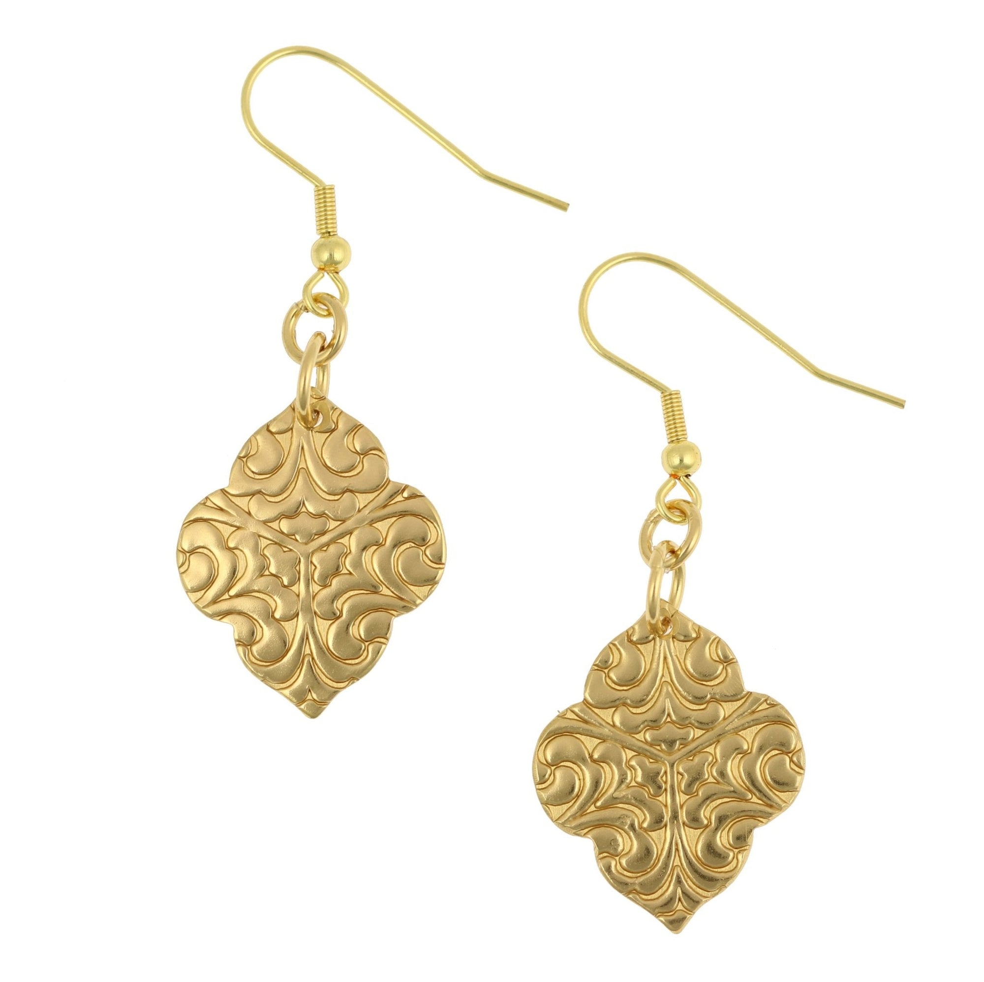 A Pair of Damask Embossed Nu Gold Quatrefoil Dangle Earrings on a White Background