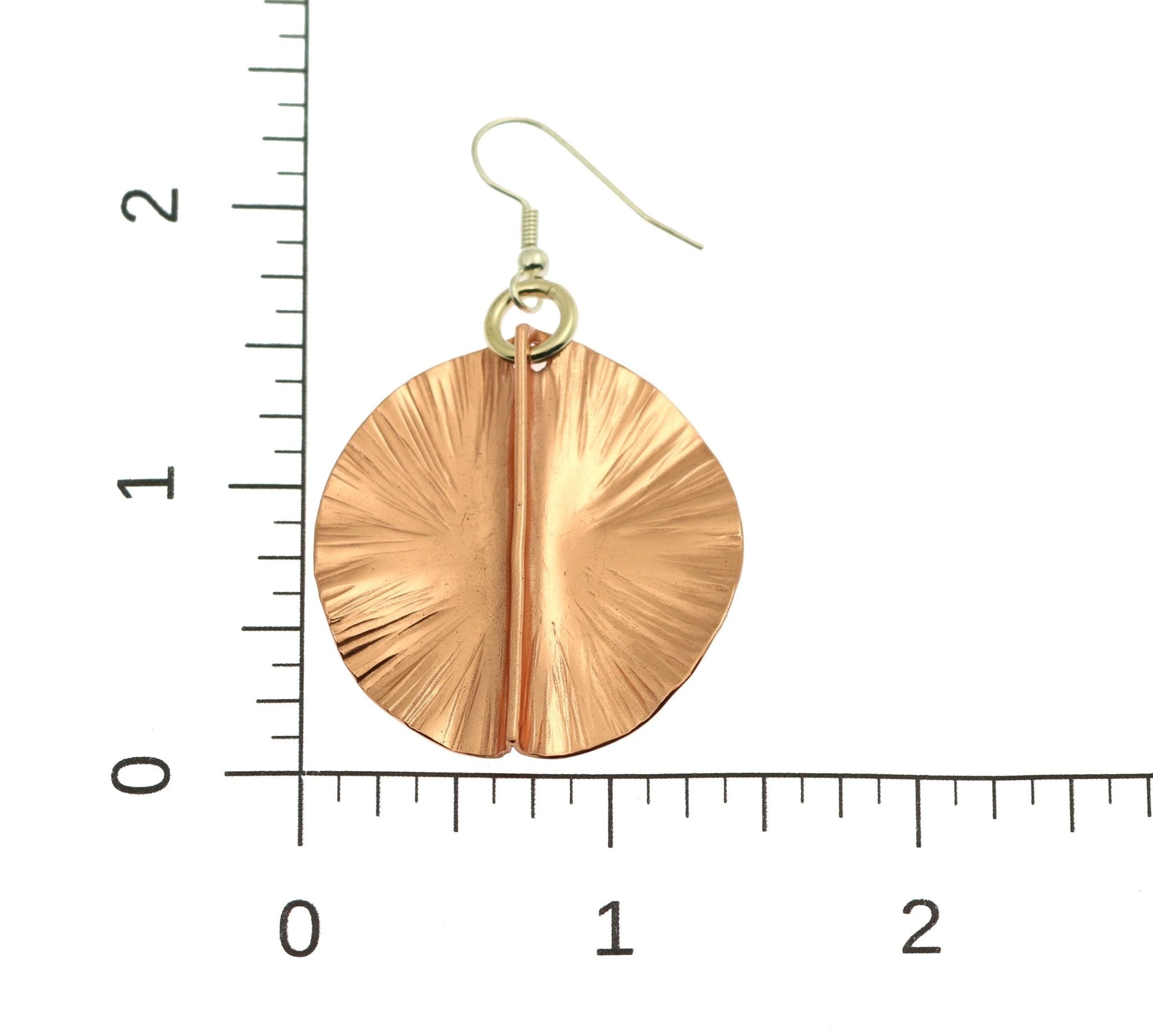 Scale of Fold Formed Copper Lily Pad Earrings on a Ruler for Size Dimensions
