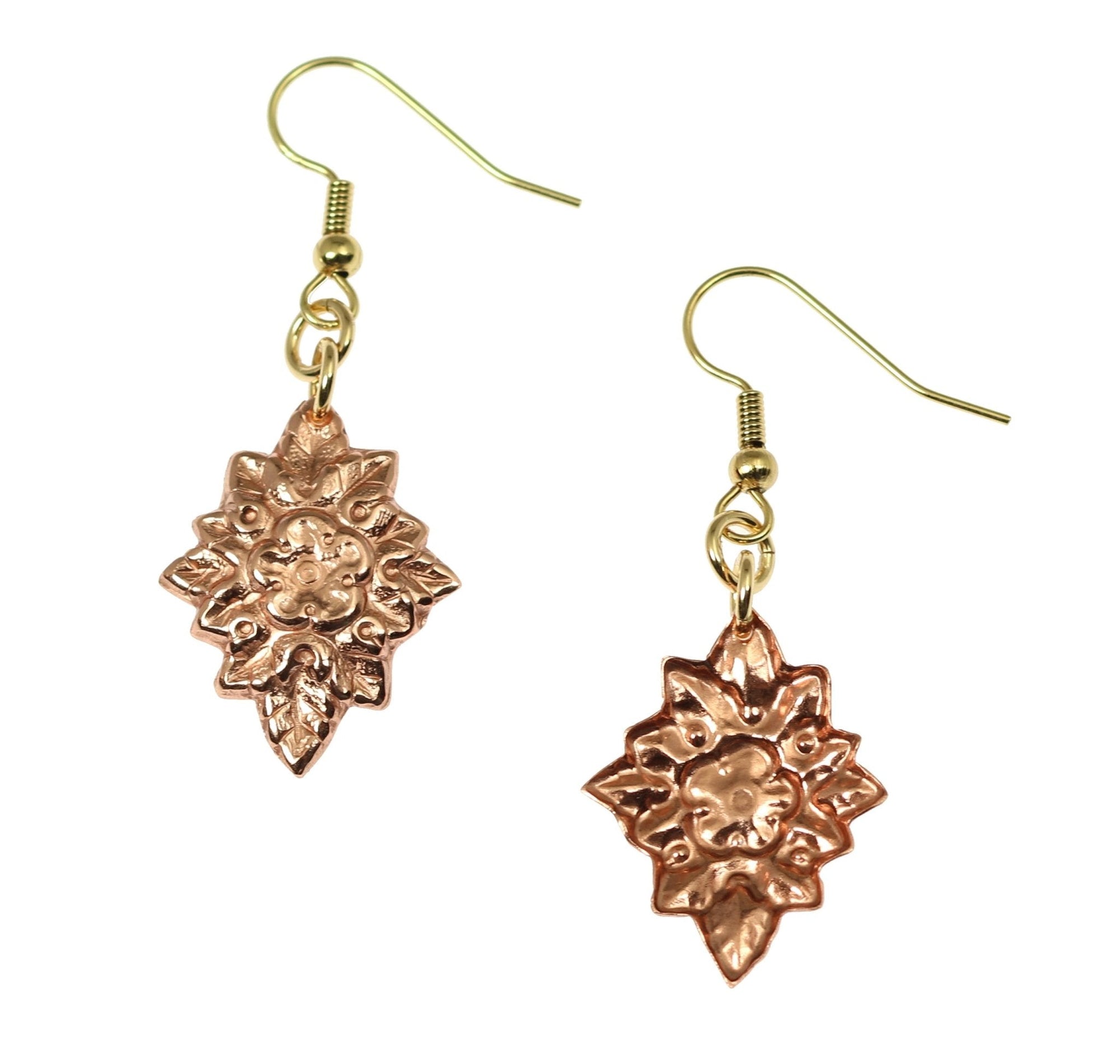 Front and Back Views of French Bouquet Copper Drop Earrings
