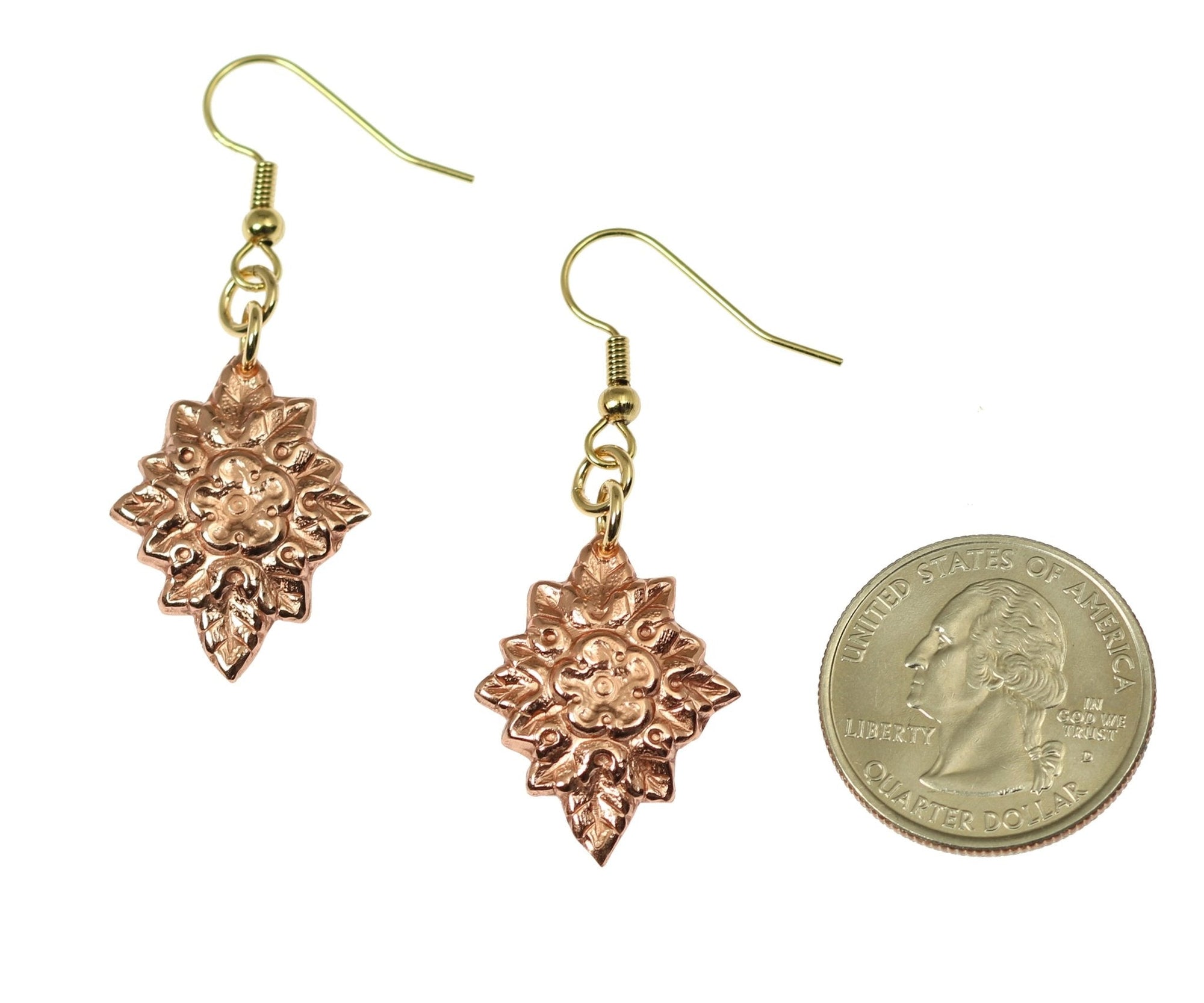 Size of French Bouquet Copper Drop Earrings compared to a US Quarter Coin