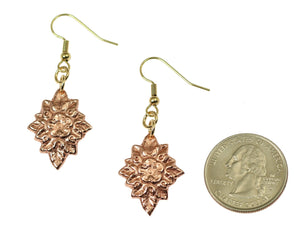 2 of 6: Size of French Bouquet Copper Drop Earrings compared to a US Quarter Coin