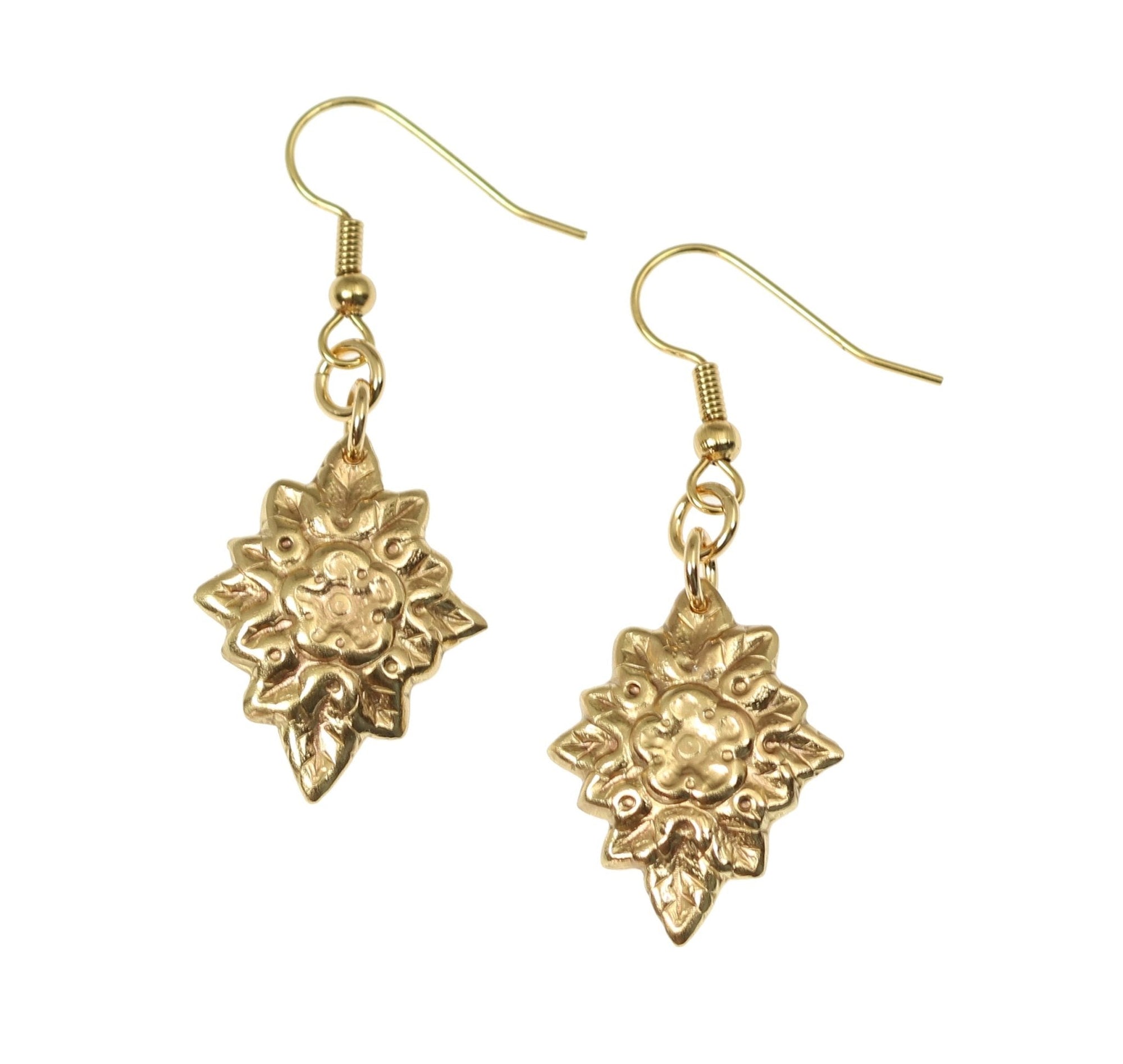 A Pair of French Bouquet Nu Gold Drop Earrings on a White Background