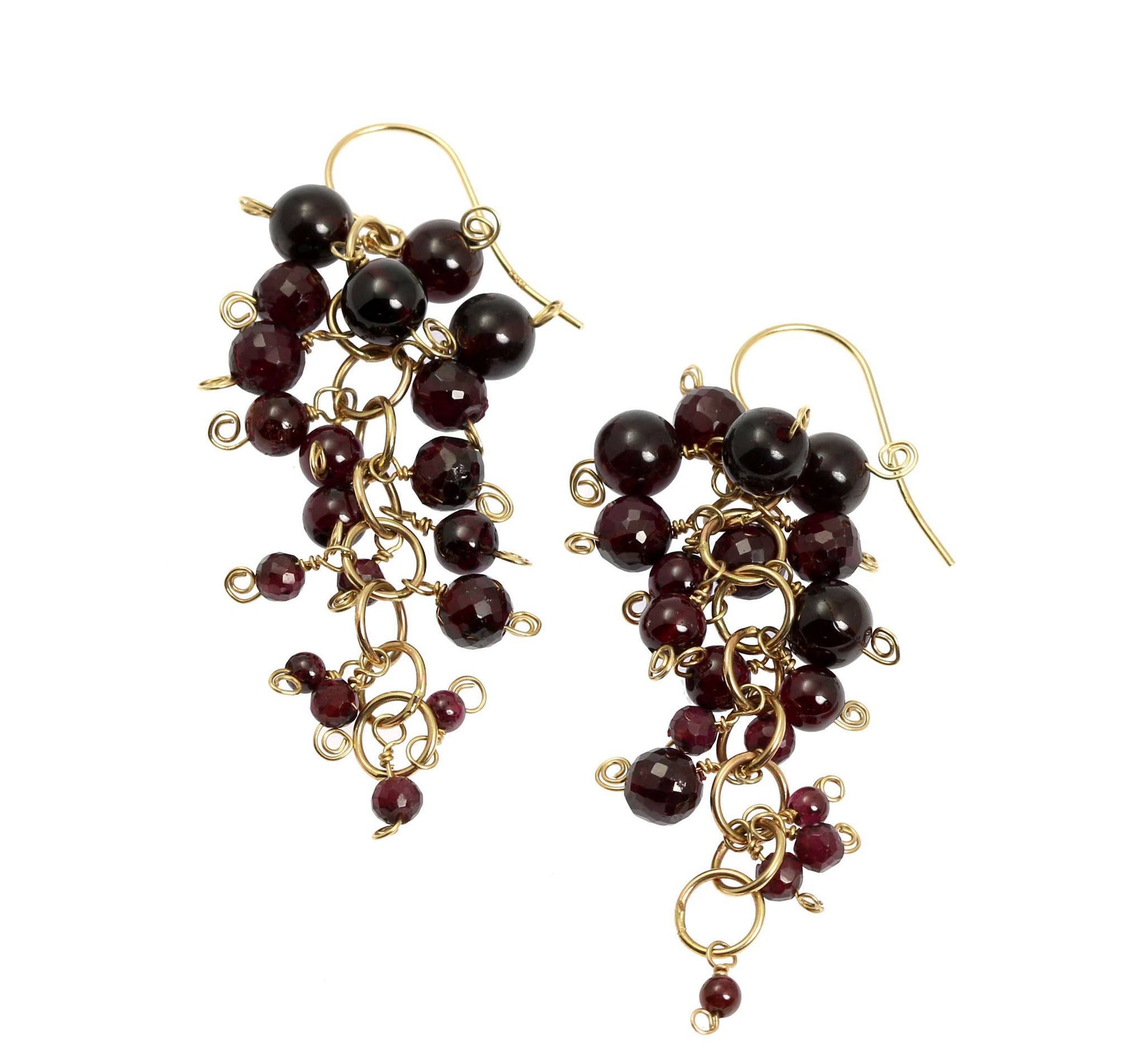 Close Up View of Garnet 14K Gold Chain Maille Earrings