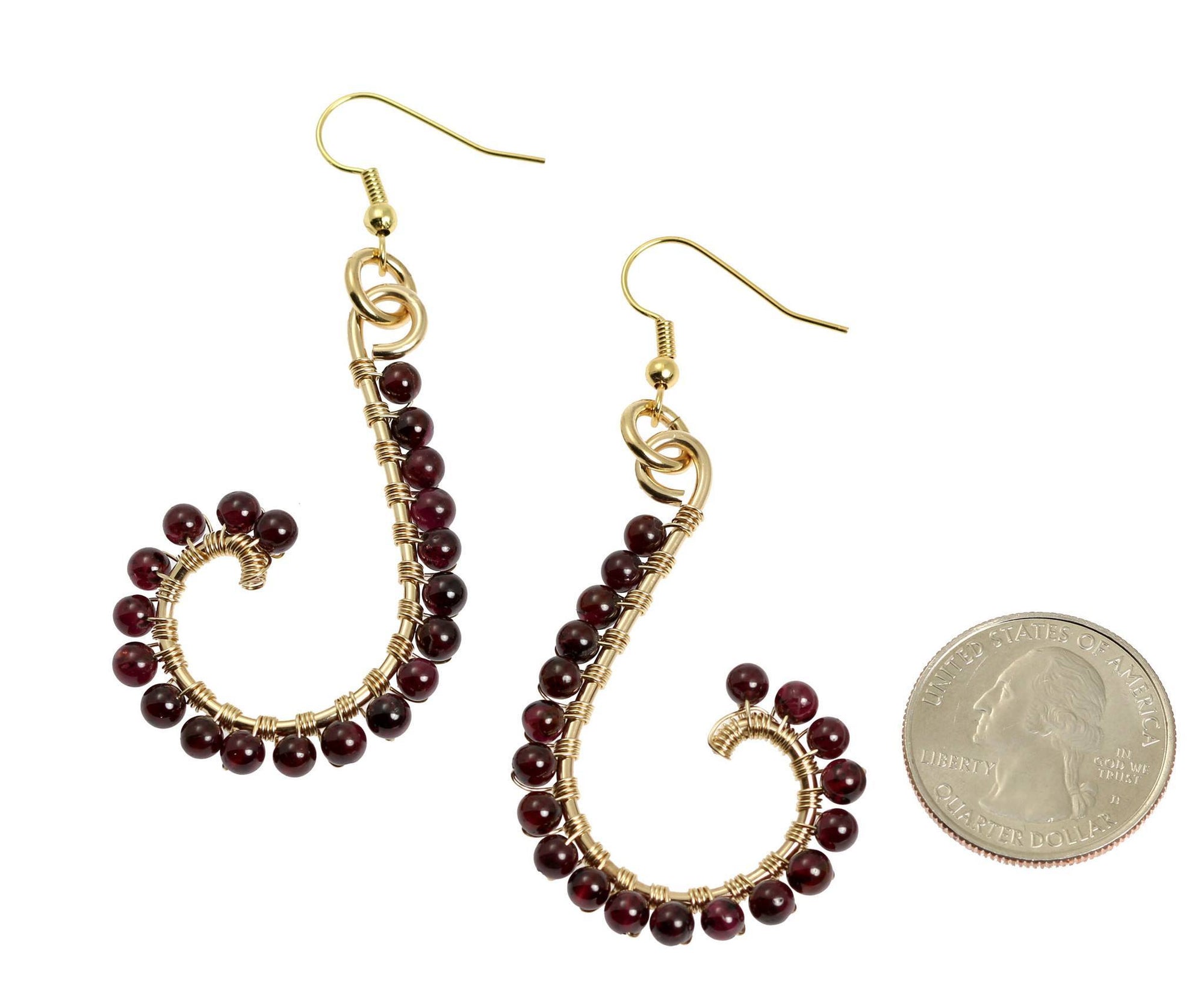 Size of Garnet Wire Wrapped 14K Gold-filled Earrings compared to a US Quarter Coin