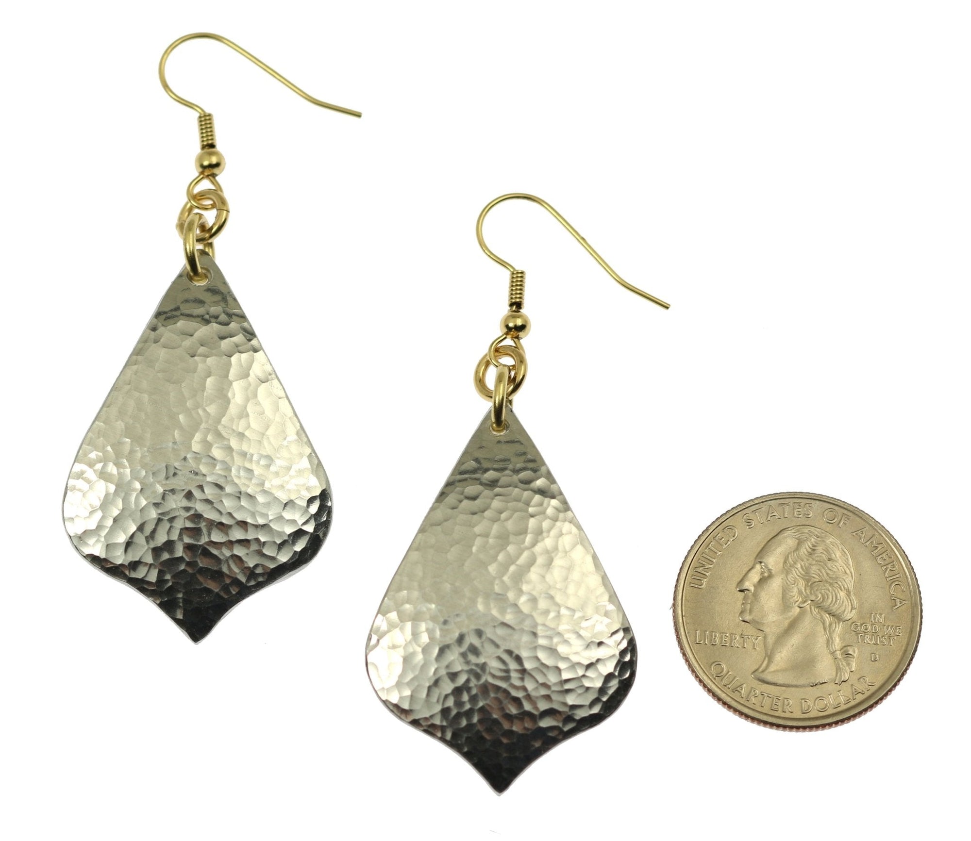 Size of Hammered Aluminum Arabesque Drop Earrings compared to a US Quarter Coin