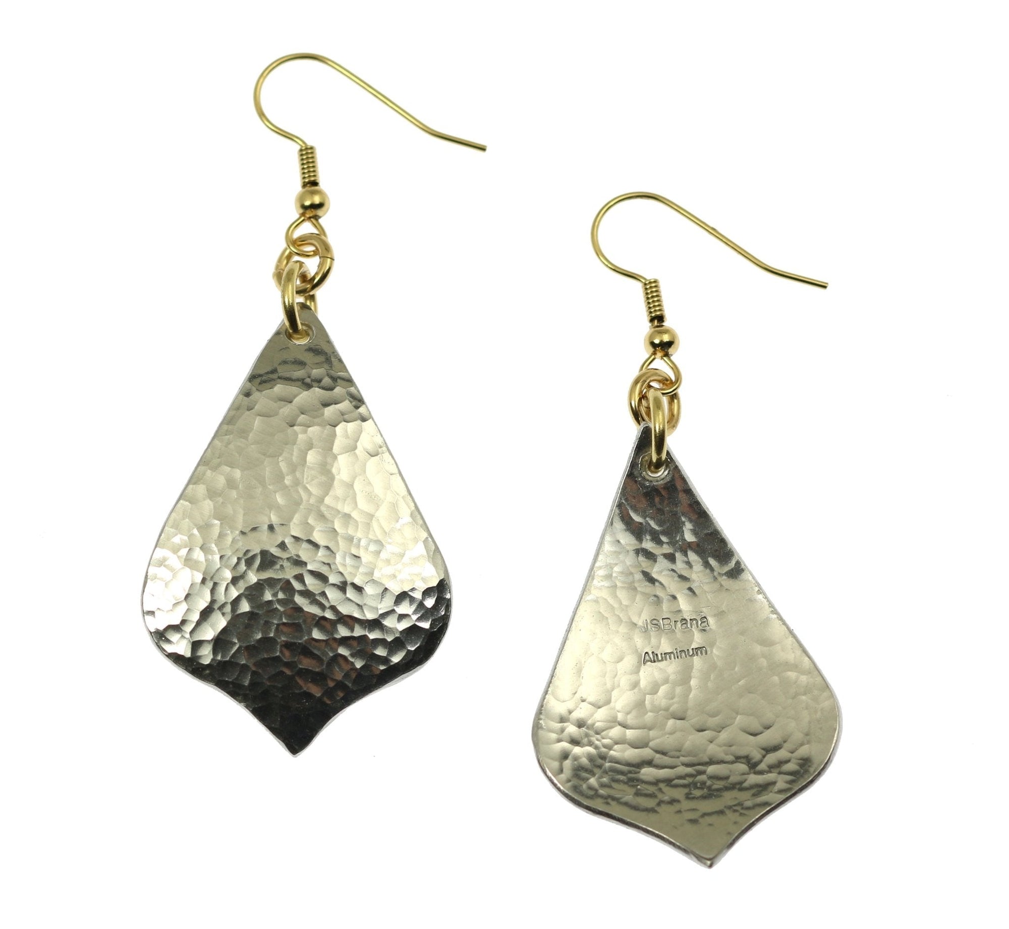 Front and Back Views of Hammered Aluminum Arabesque Drop Earrings