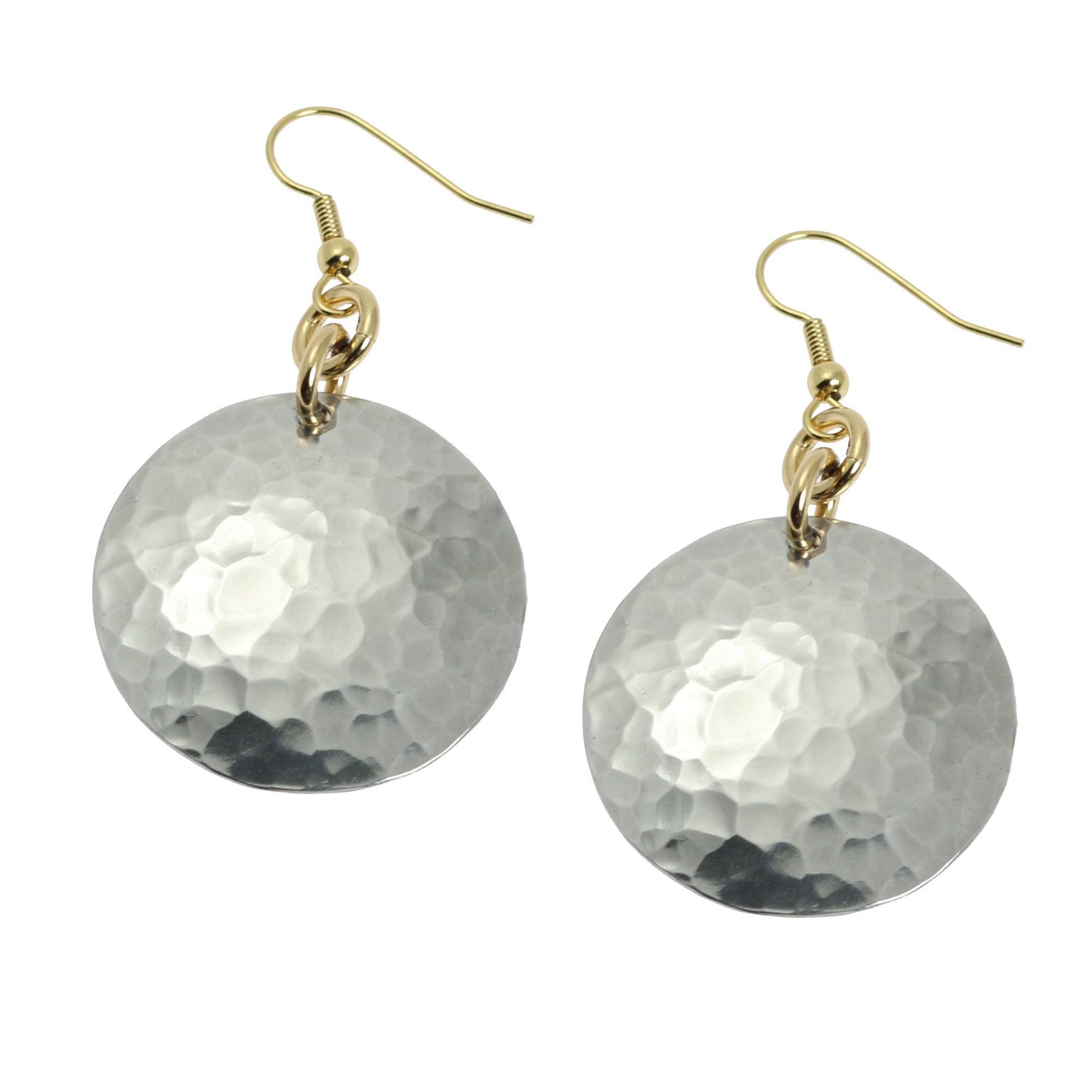 A Pair of Hammered Aluminum Disc Earrings on a White Background