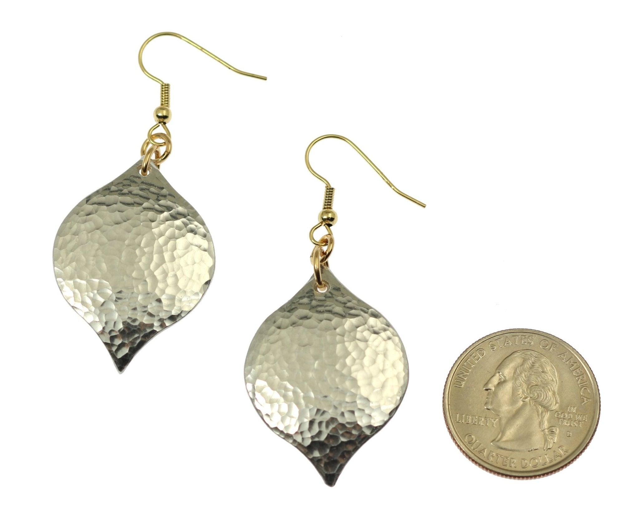 Size of Hammered Aluminum Marrakesh Drop Earrings compared to a US Quarter Coin