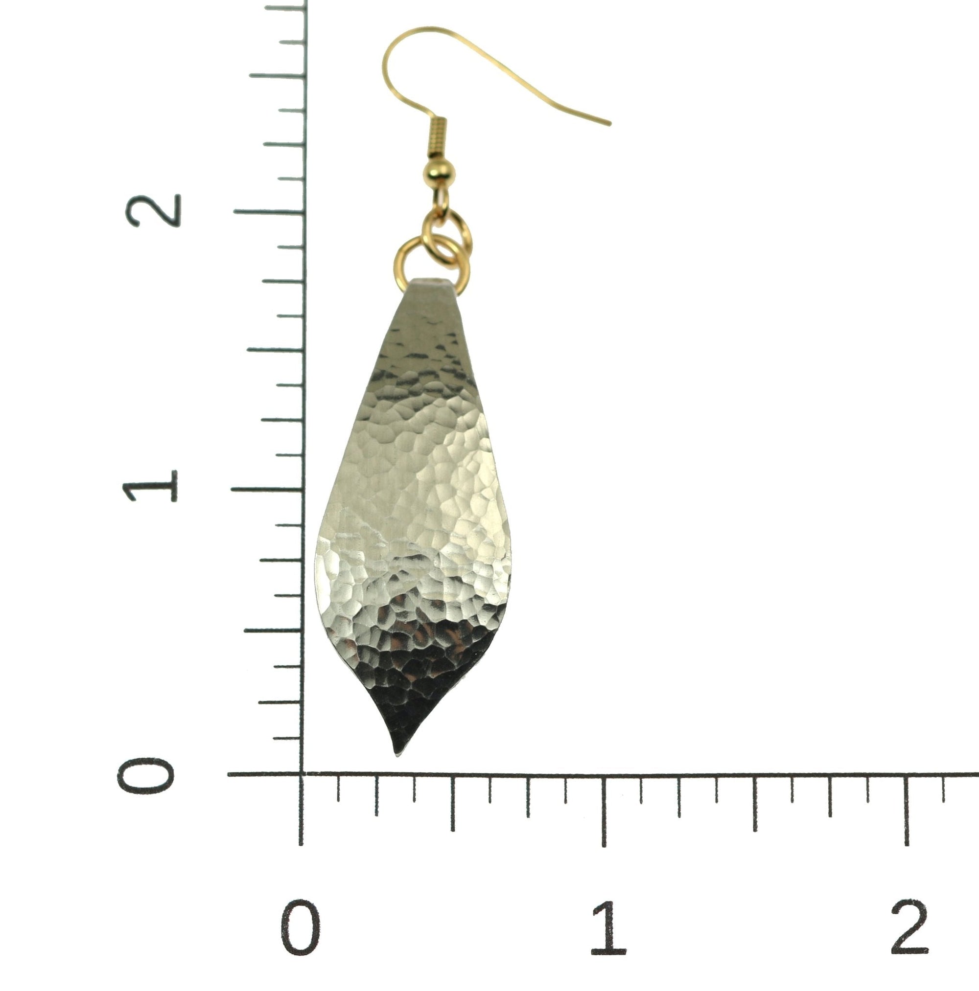Scale of Hammered Aluminum Marrakesh Teardrop Earrings on a Ruler for Size Dimensions