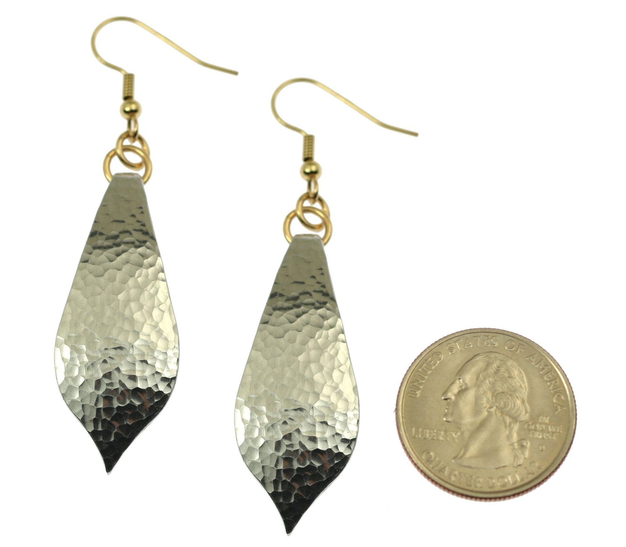 Size of Hammered Aluminum Marrakesh Teardrop Earrings compared to a US Quarter Coin