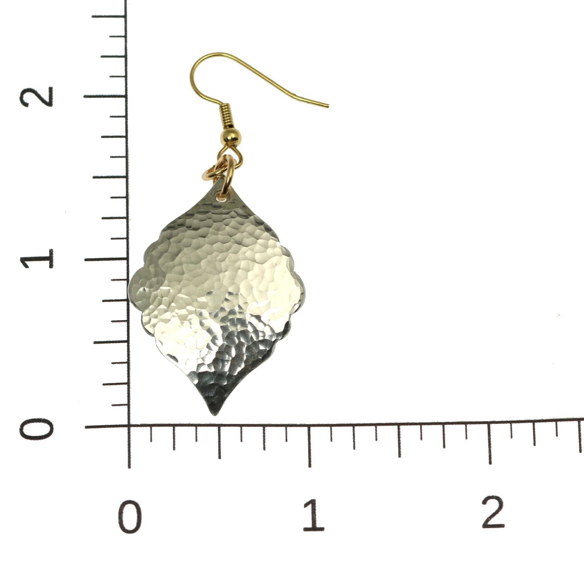 Scale of Hammered Aluminum Moroccan Drop Earrings on a Ruler for Size Dimensions