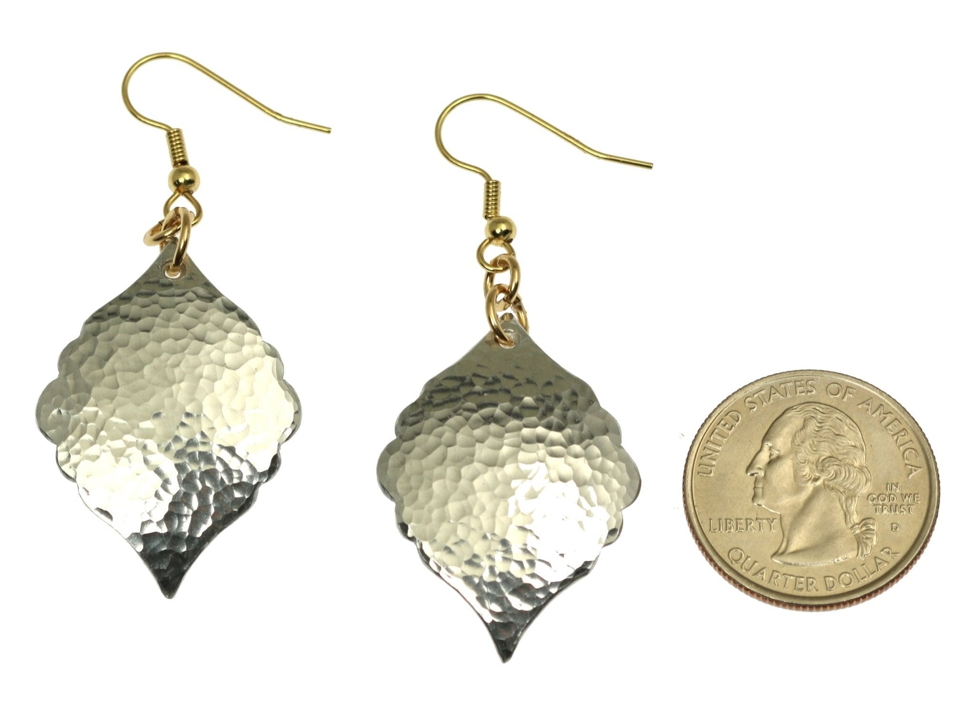 Size of Hammered Aluminum Moroccan Drop Earrings compared to a US Quarter Coin