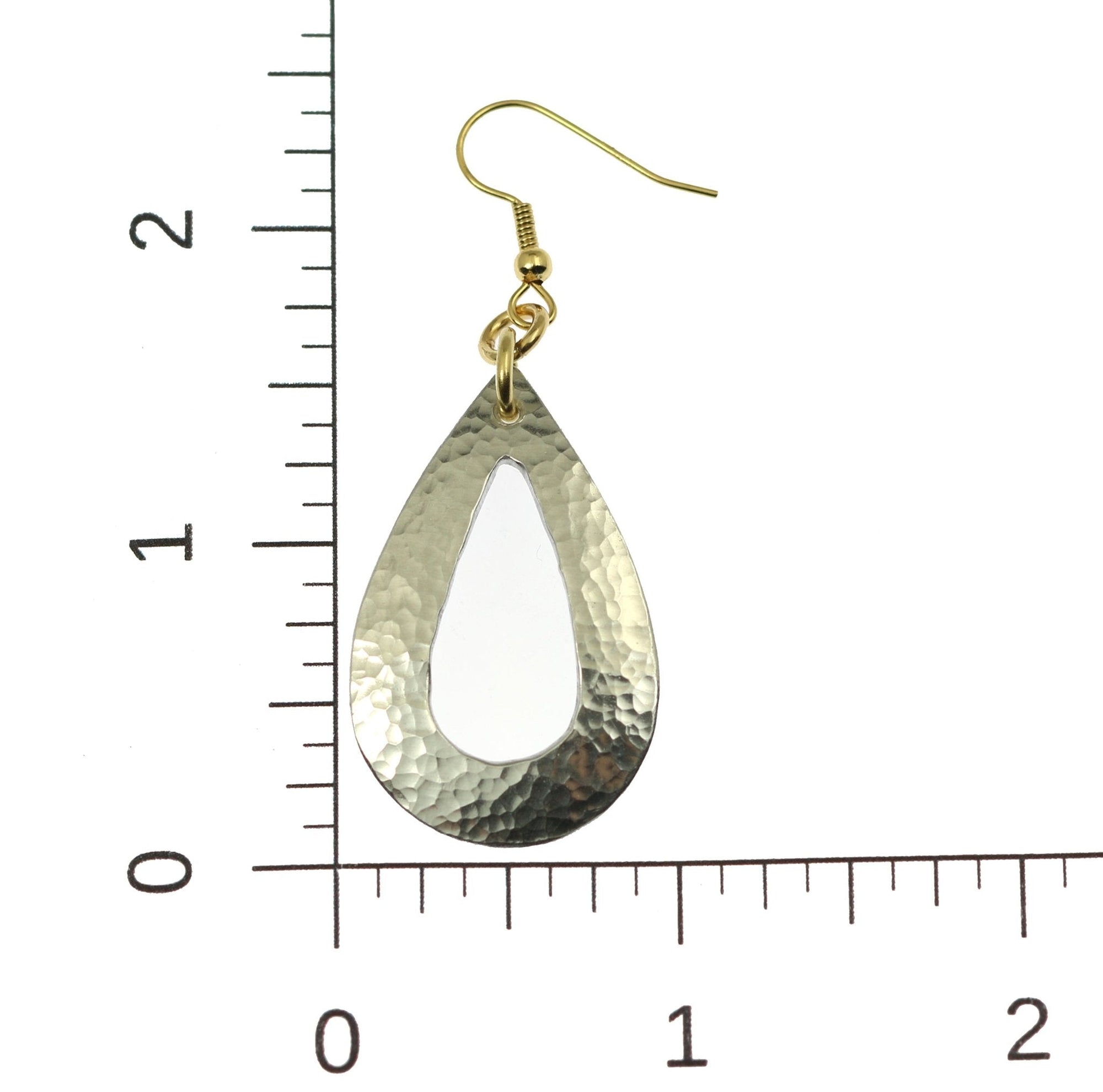 Scale of Hammered Aluminum Open Teardrop Earrings on a Ruler for Size Dimensions