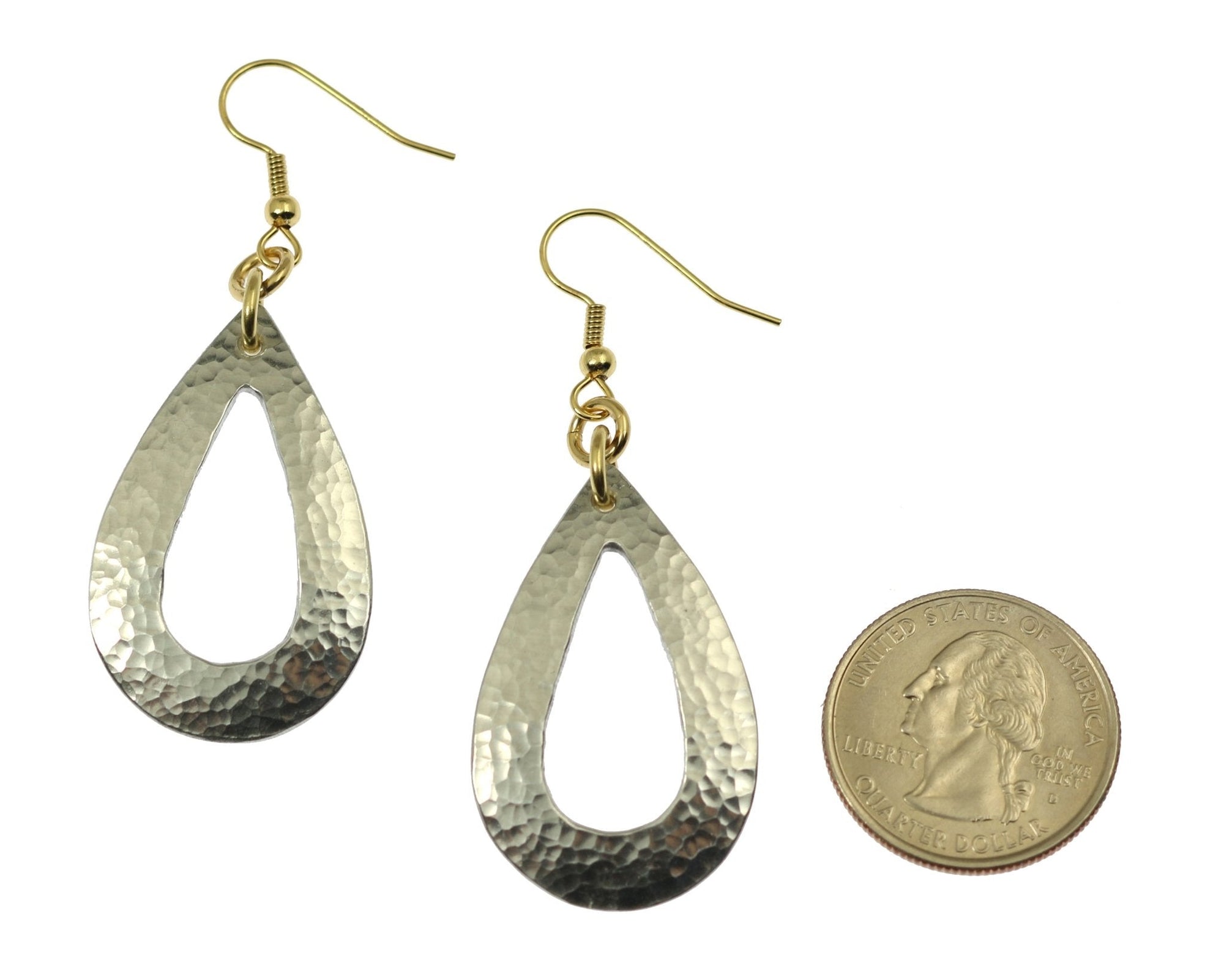 Size of Hammered Aluminum Open Teardrop Earrings compared to a US Quarter Coin