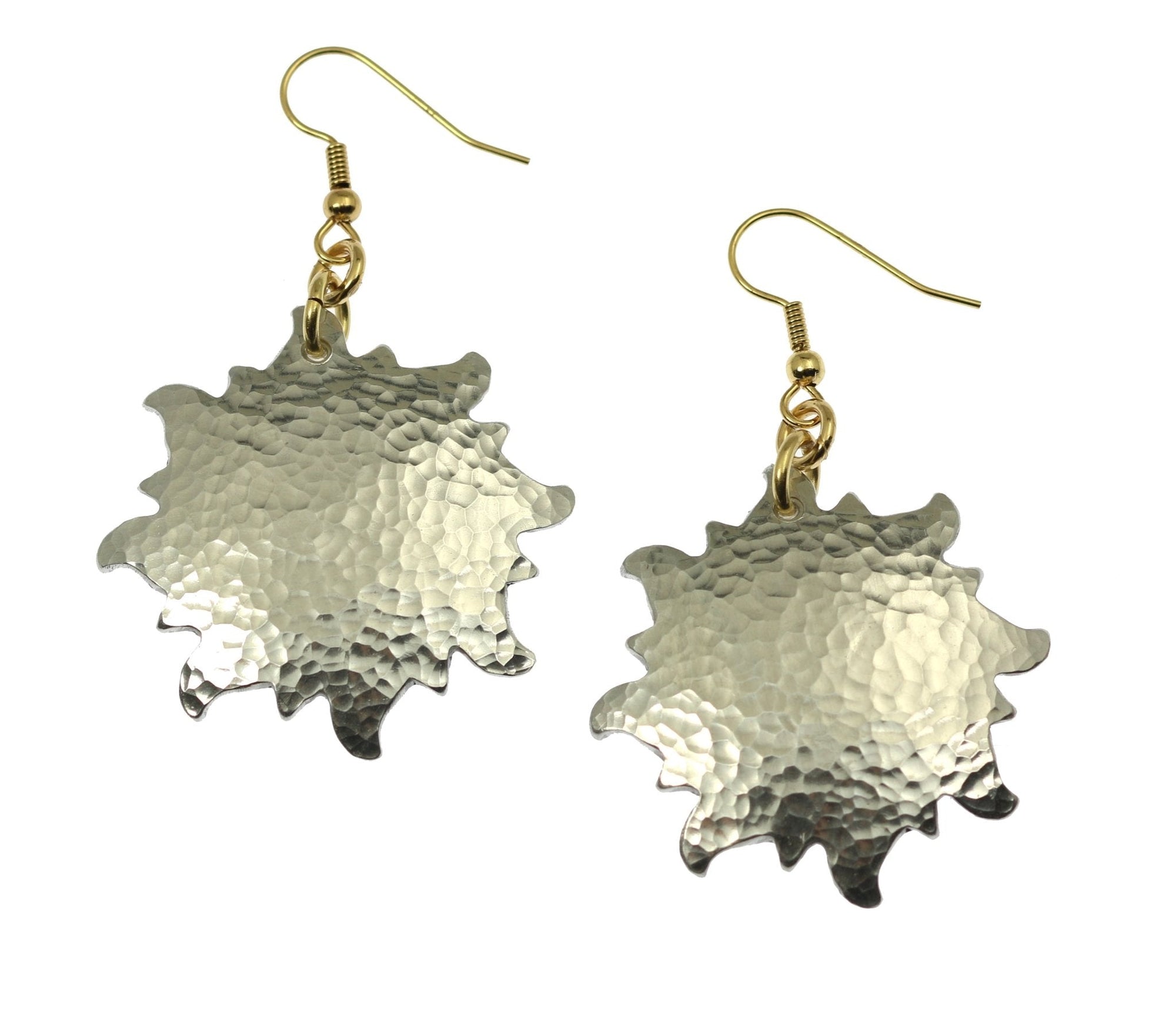 A Pair of Hammered Aluminum Sunburst Earrings on a White Background