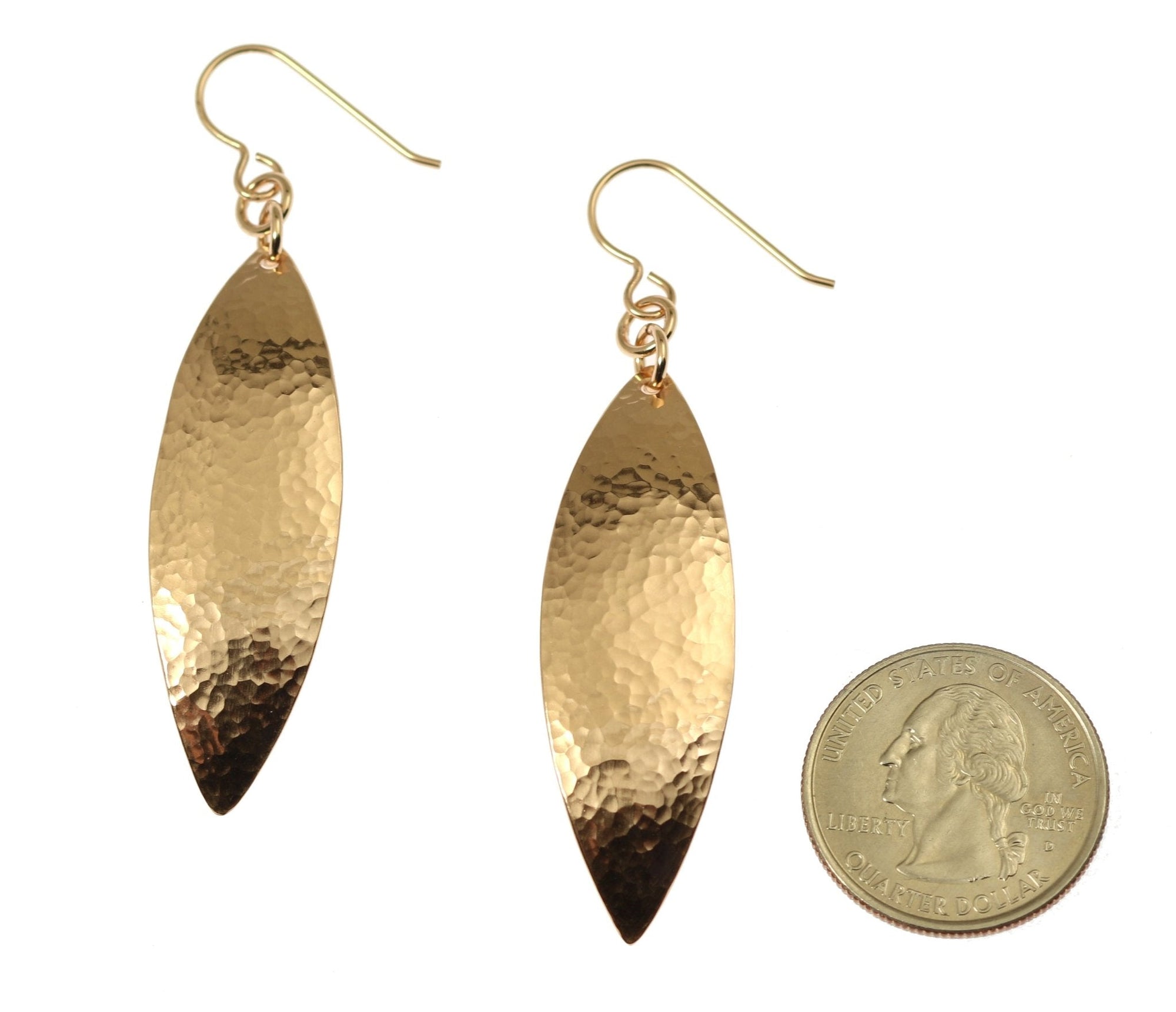 Size of Hammered Bronze Leaf Earrings compared to a US Quarter Coin