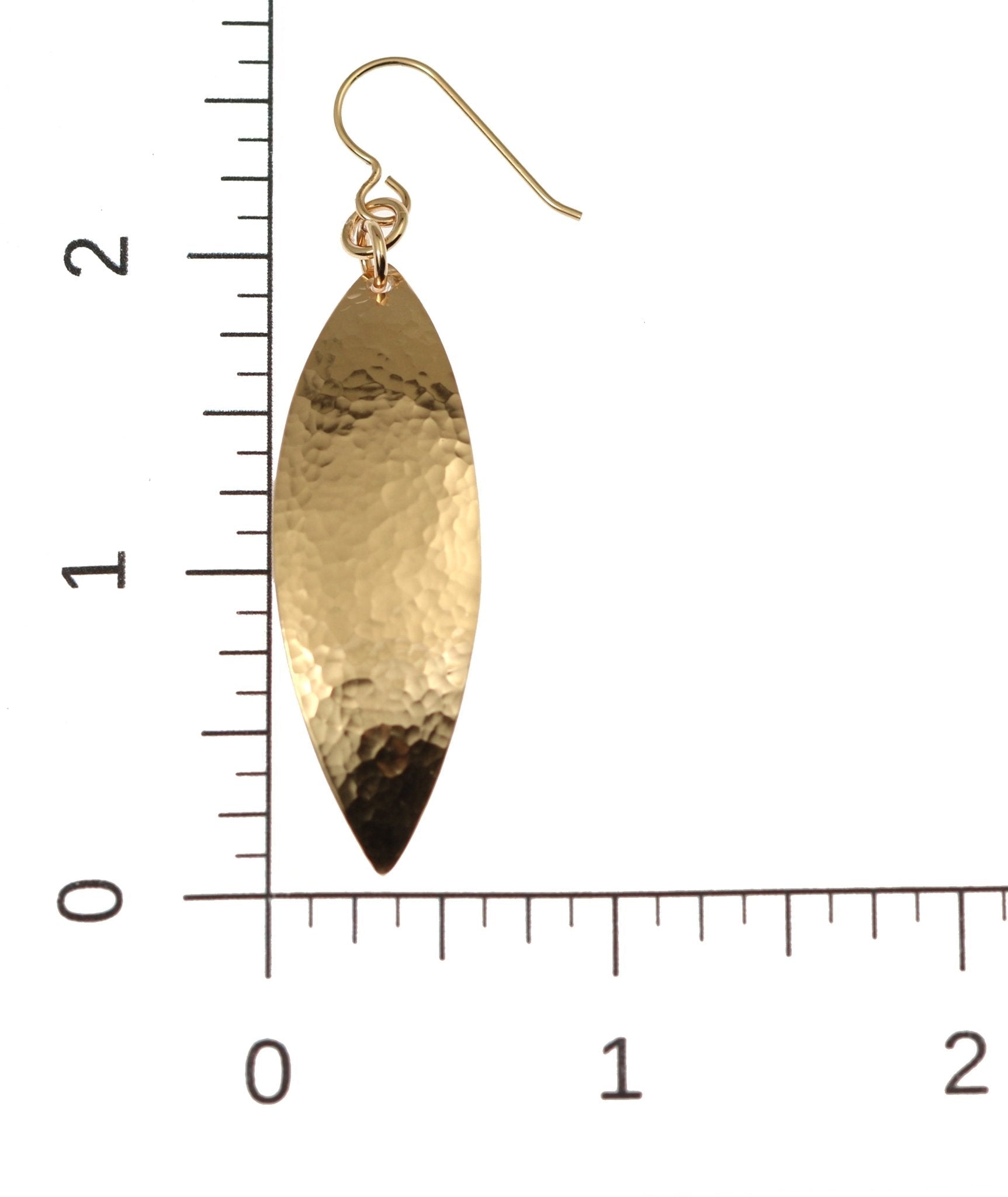Scale of Hammered Bronze Leaf Earrings on a Ruler for Size Dimensions