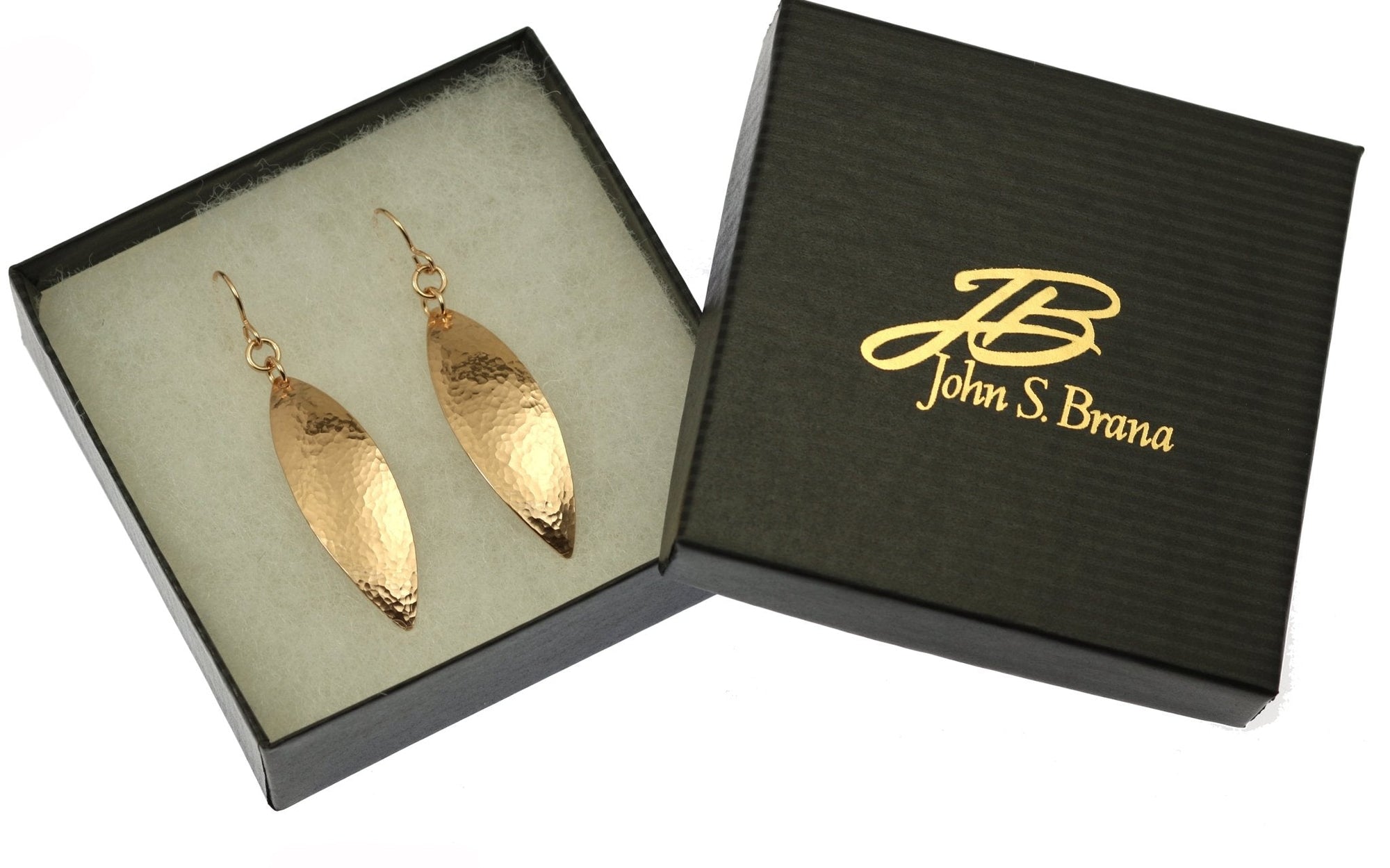 Hammered Bronze Leaf Earrings in Black Gift Box