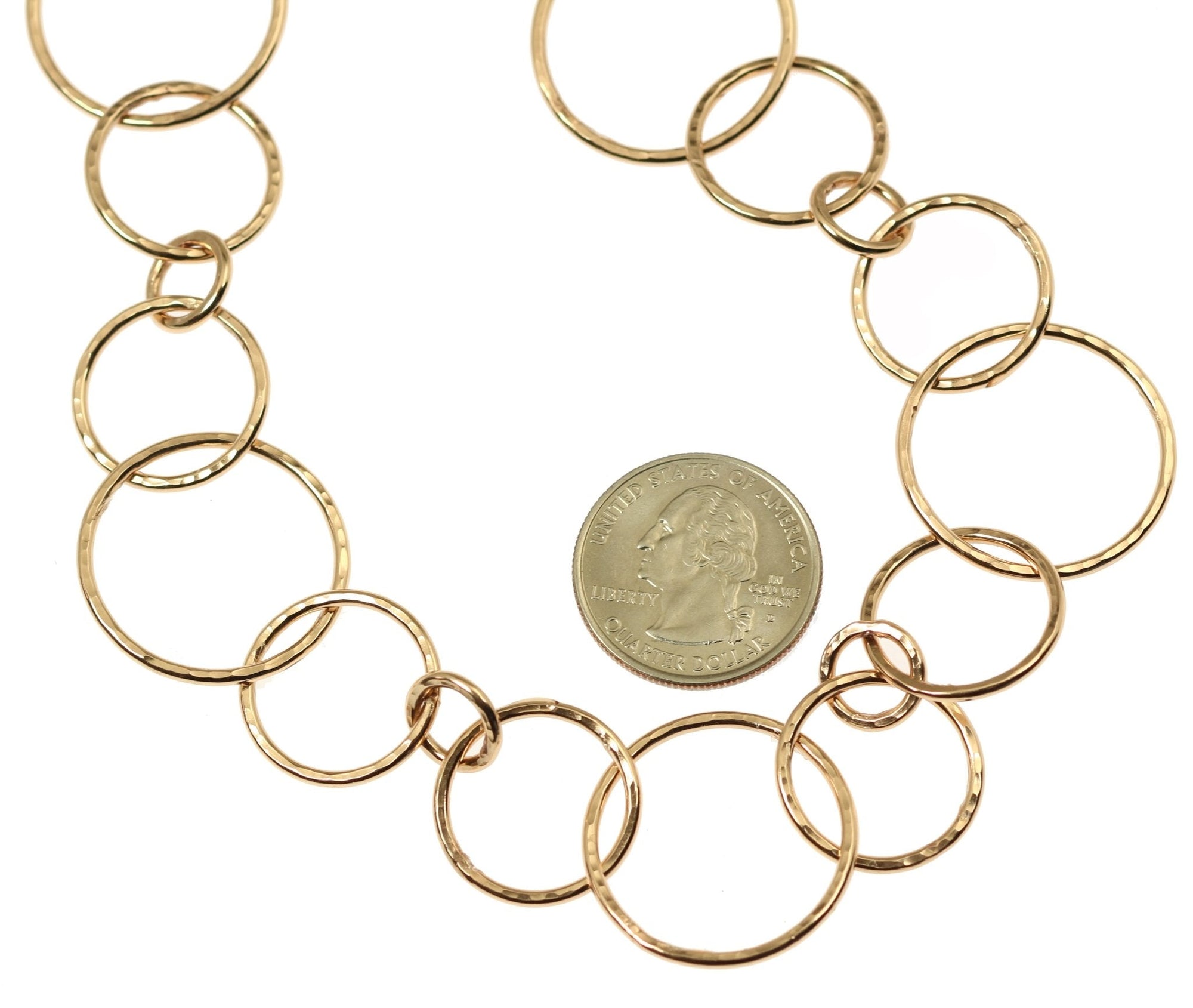 Detail View of Hammered Bronze Link Chain Necklace compared to a US Quarter Coin