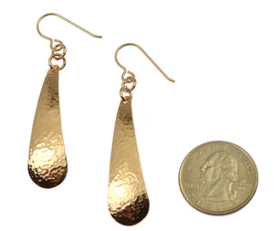 2 of 6: Size of Hammered Bronze Long Teardrop Earrings compared to a US Quarter Coin