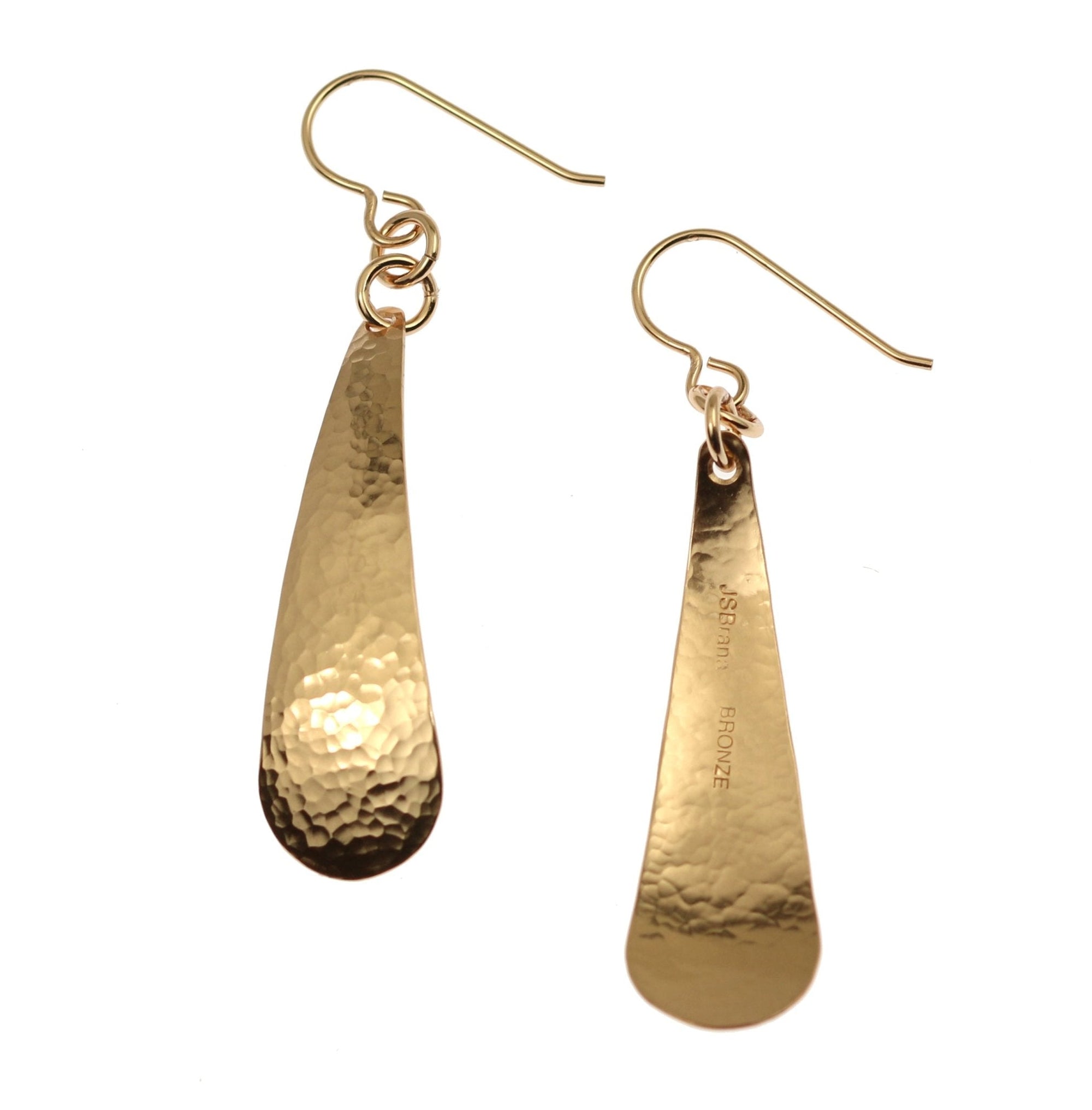 Front and Back Views of Hammered Bronze Long Teardrop Earrings