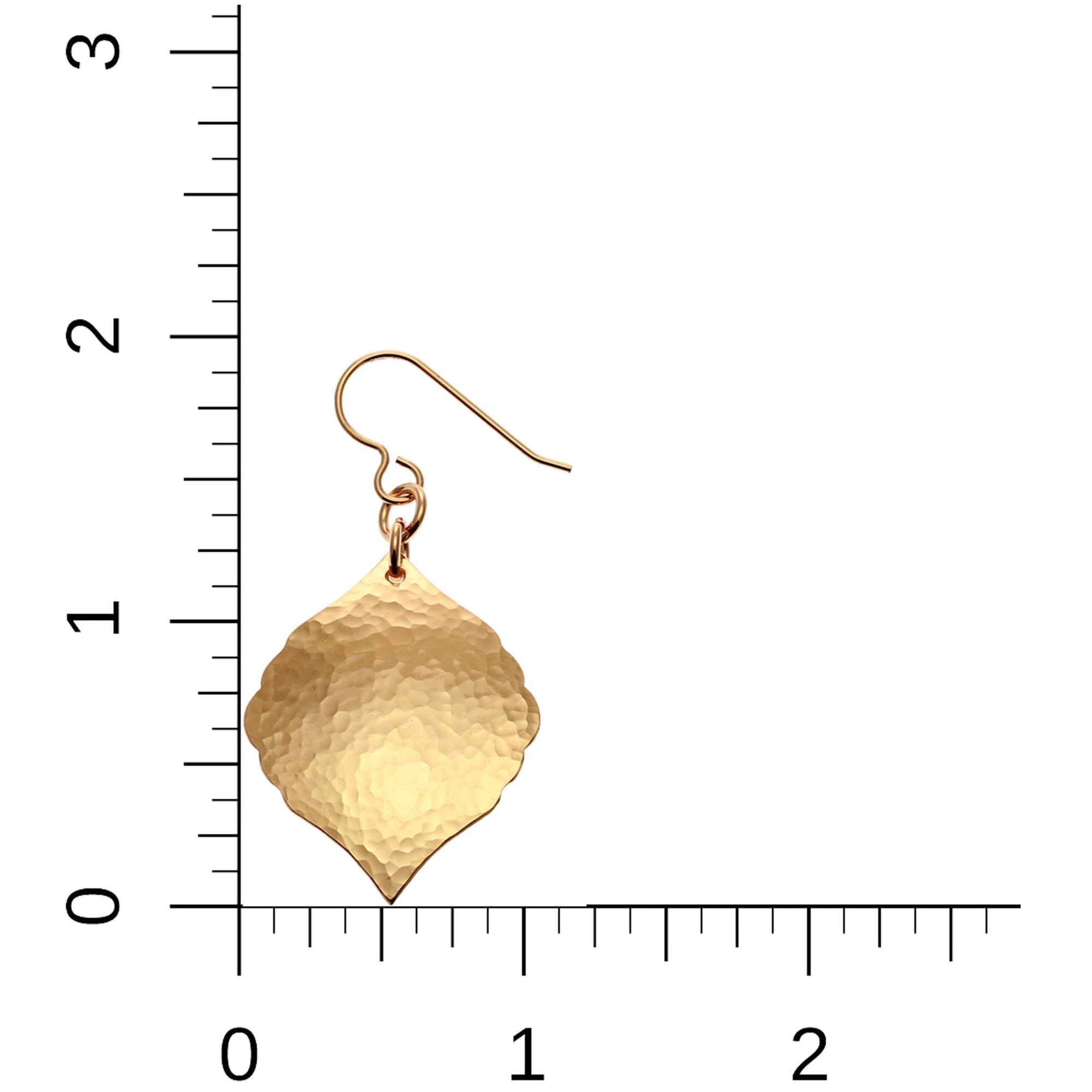 Scale of Hammered Bronze Moroccan Drop Earrings on a Ruler for Size Dimensions