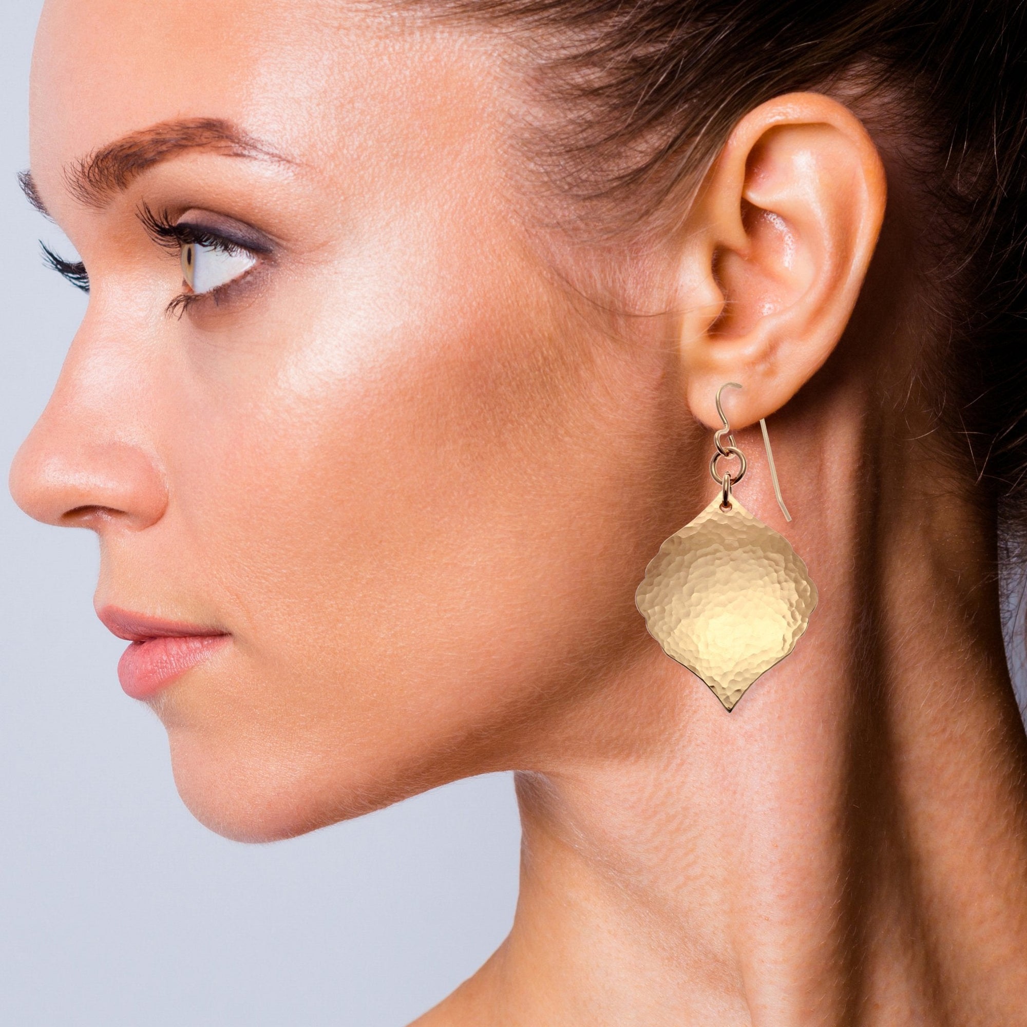 Female Model Wearing Hammered Bronze Moroccan Drop Earrings