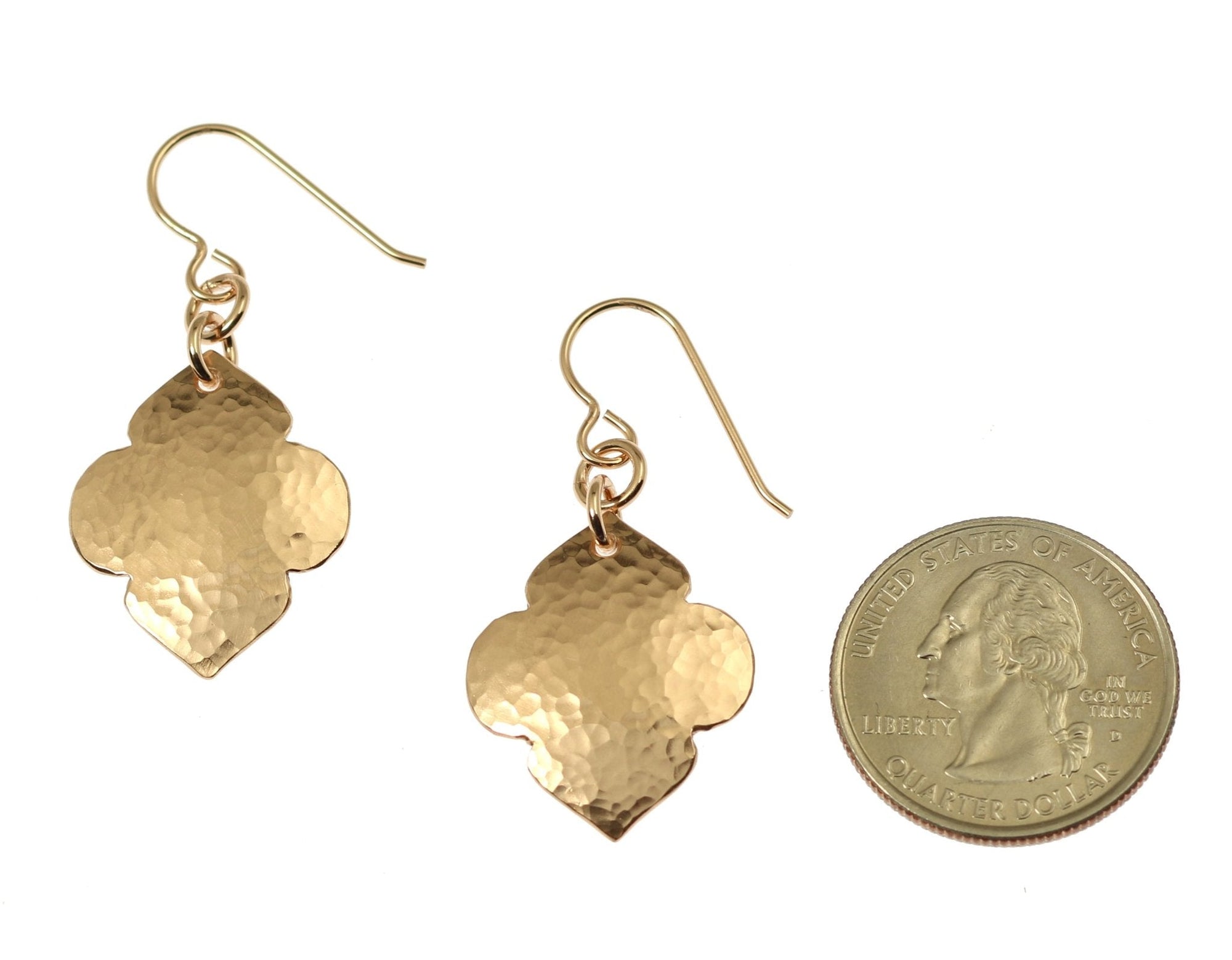 Size of Hammered Bronze Quatrefoil Drop Earrings compared to a US Quarter Coin