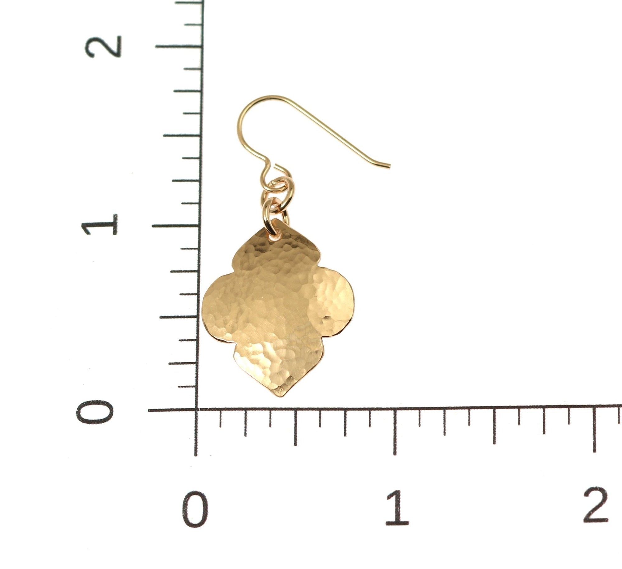 Scale of Hammered Bronze Quatrefoil Drop Earrings on a Ruler for Size Dimensions
