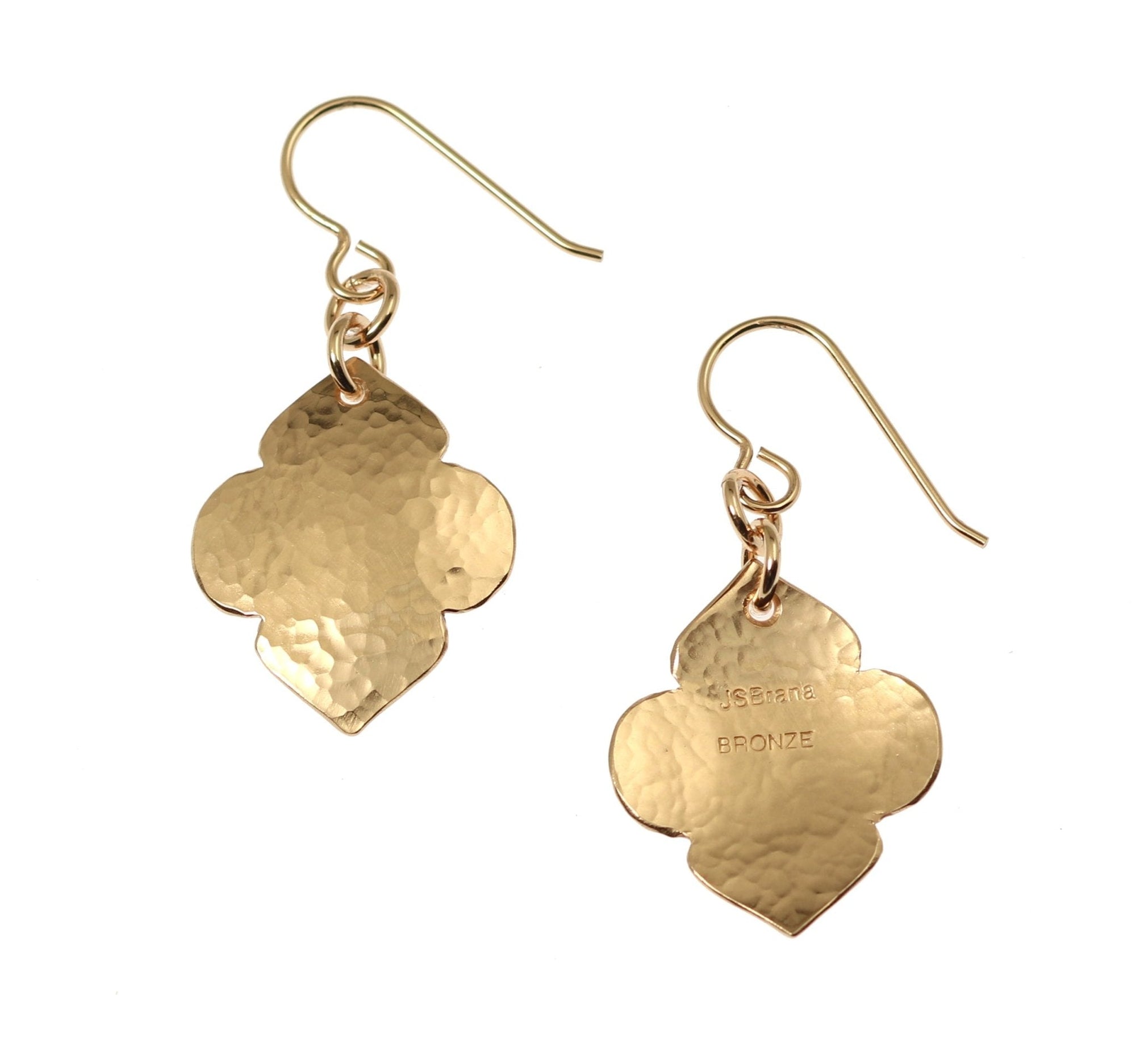 Front and Back Views of Hammered Bronze Quatrefoil Drop Earrings
