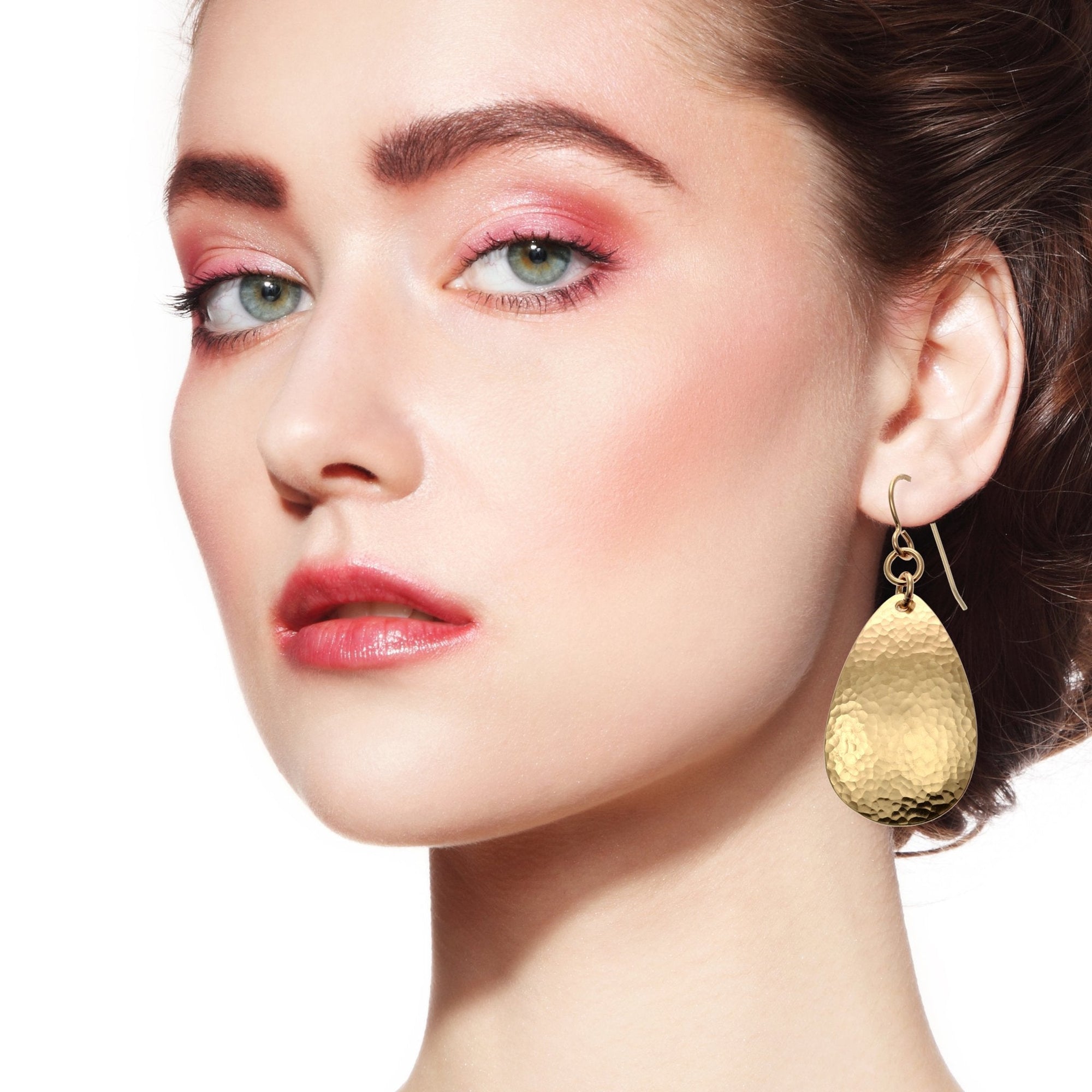 Hammered Bronze Teardrop Earrings on Female Model
