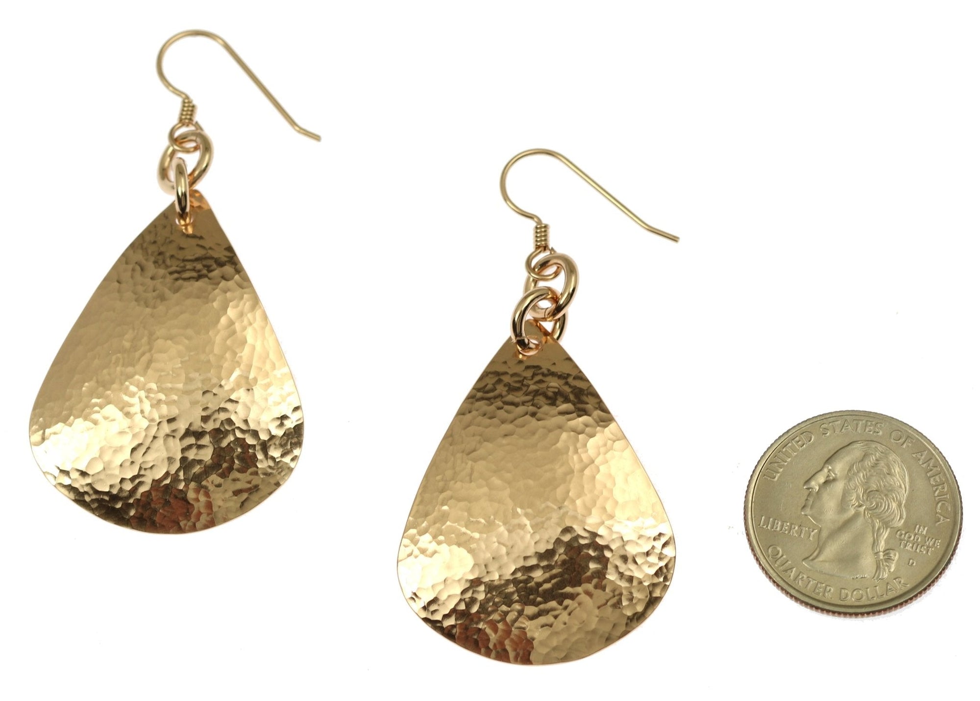 Size of Hammered Bronze Teardrop Earrings compared to a US Quarter Coin