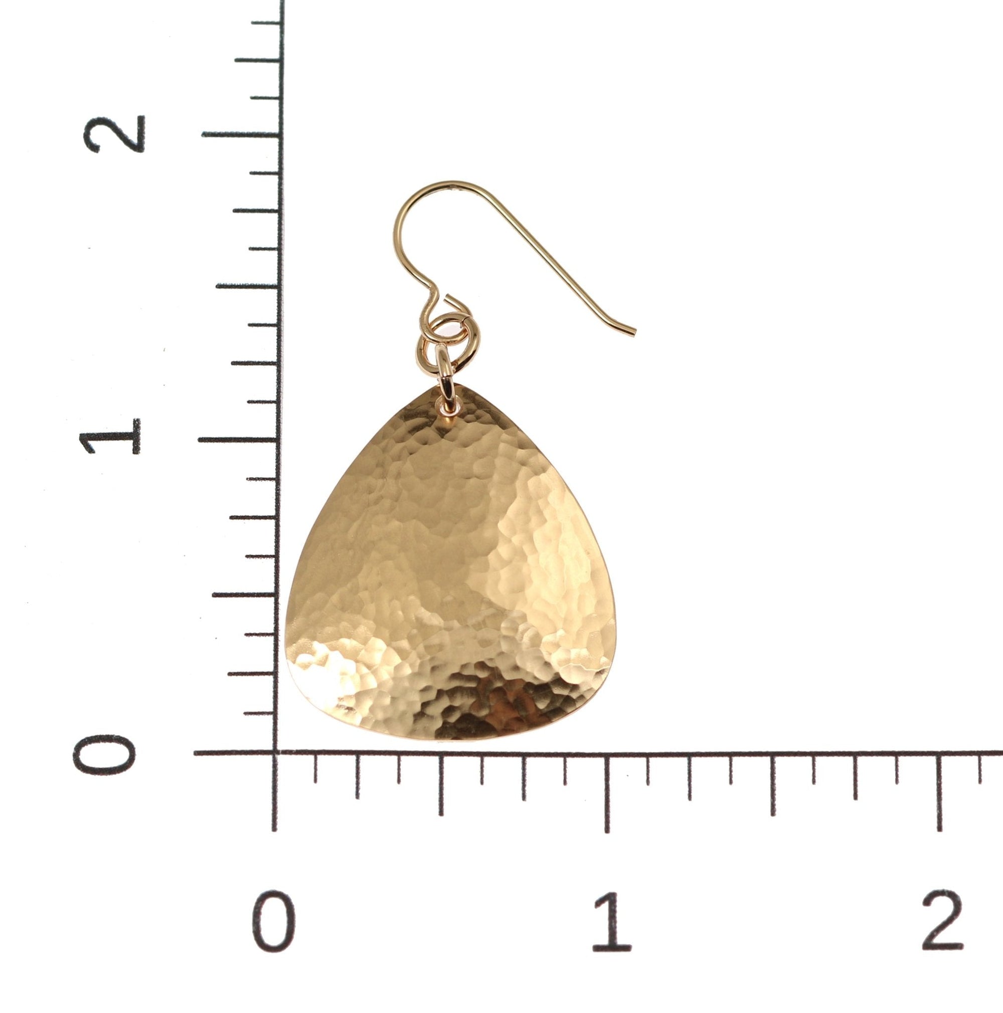 Scale of Hammered Bronze Triangular Earrings on a Ruler for Size Dimensions